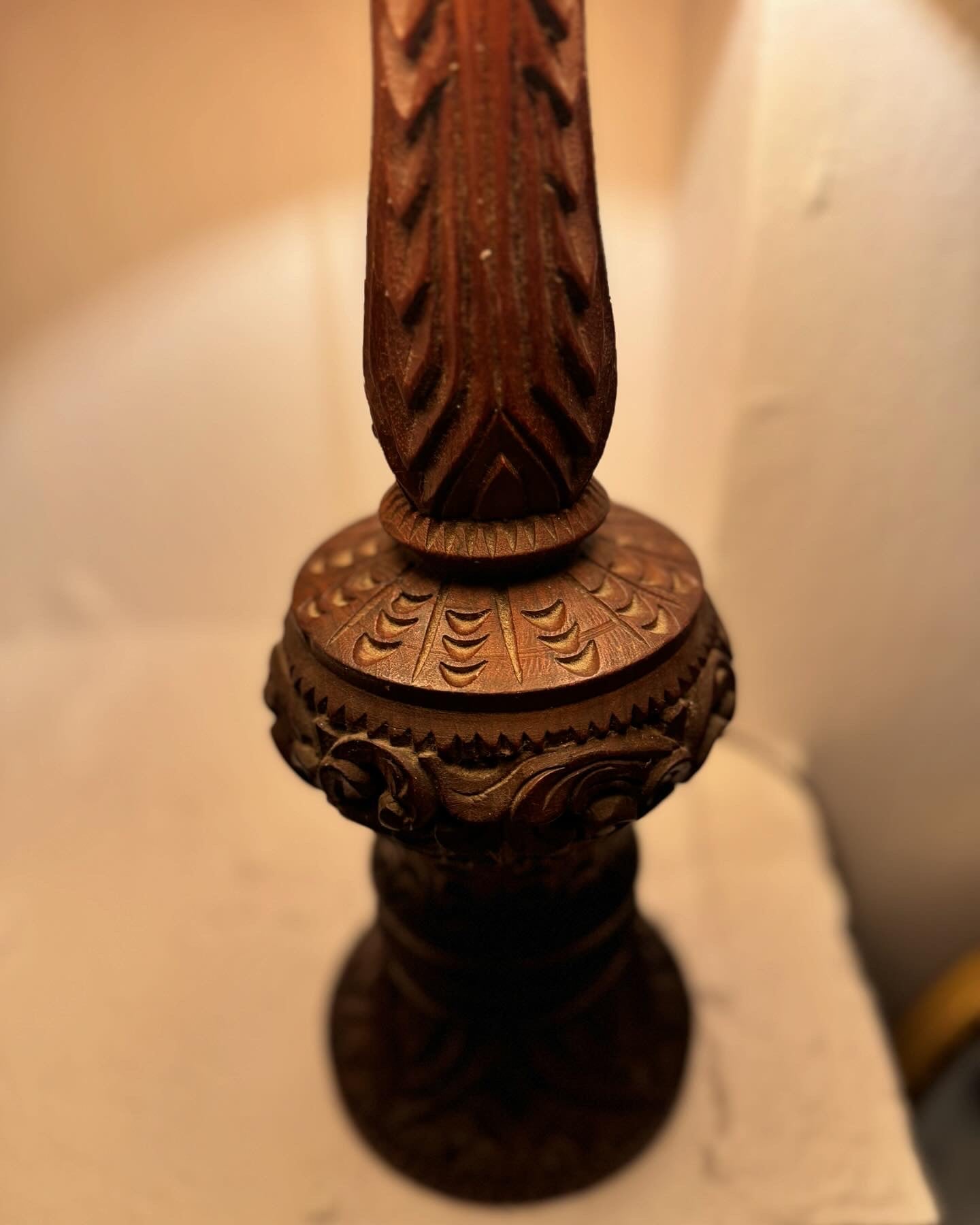 Hand carved 1960s timber lamp with original shade