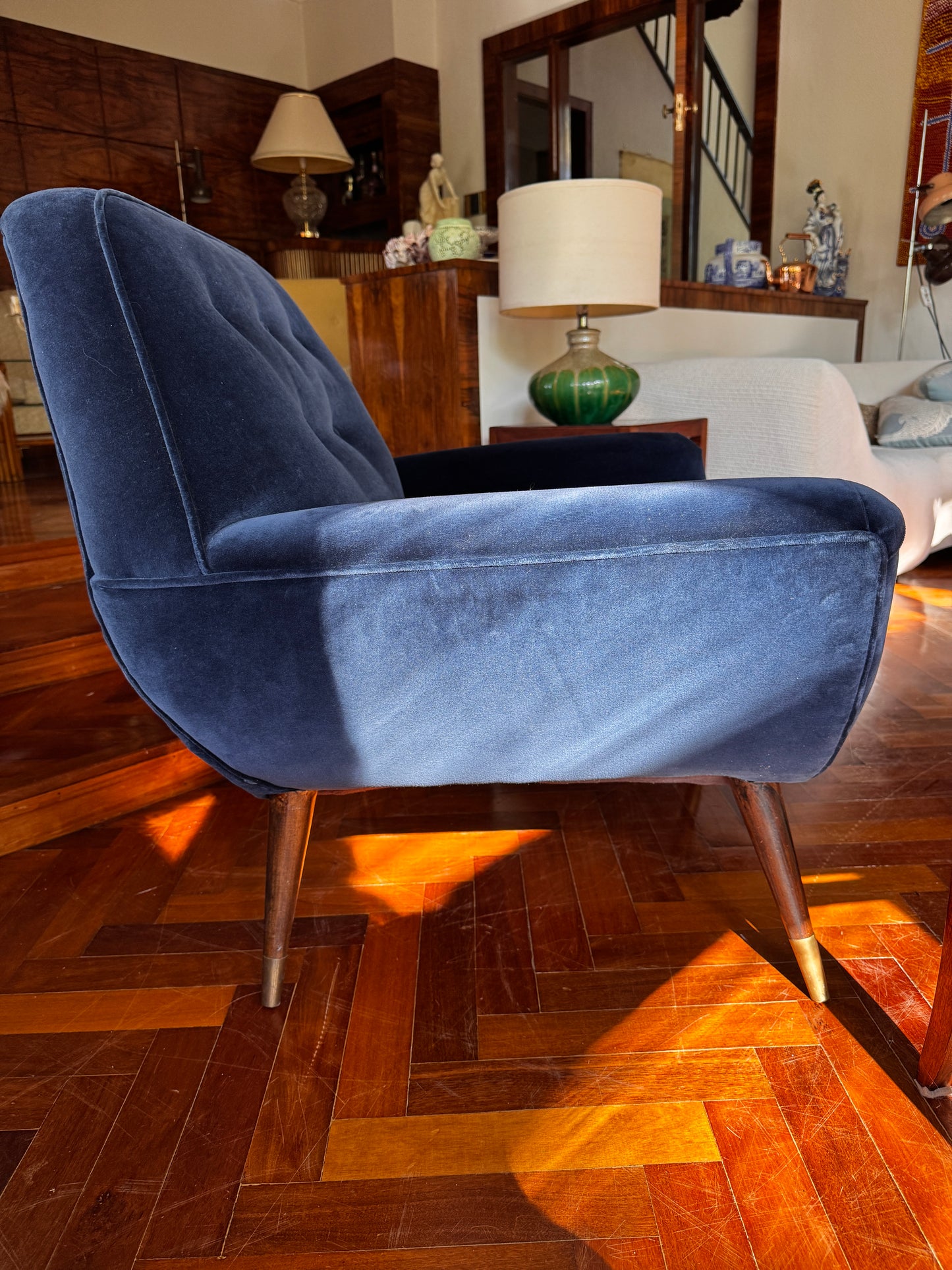 Stunning 1950s Mid-Century Modern Lounge Chairs — Navy Blue Velvet - 2 available
