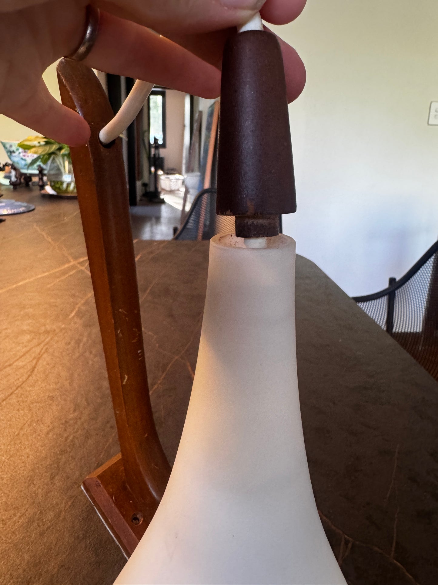 Pair of Mid-Century Teak & Milk Glass Wall Sconces