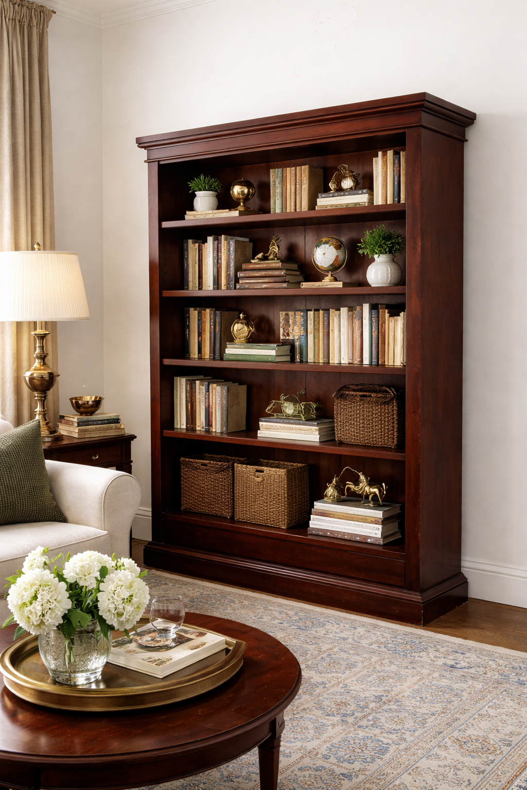 Antique Mahogany Bookcase with Stepped Waterfall Cornice