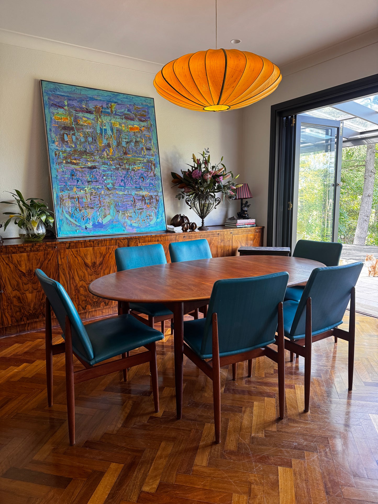 Set of 6 1960s turquoise Parker Slab Back dining chairs
