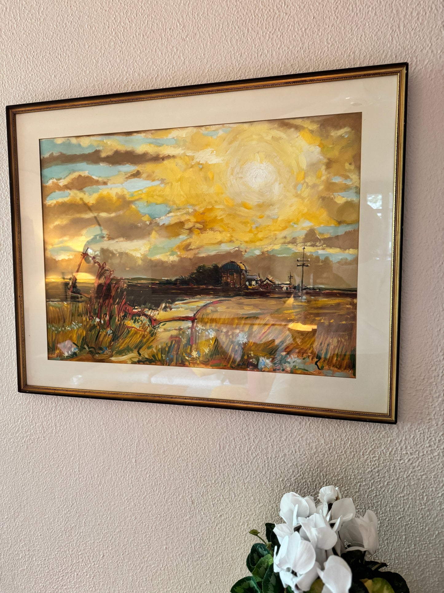 Large original oil on paper - Farming Landscape. Signed