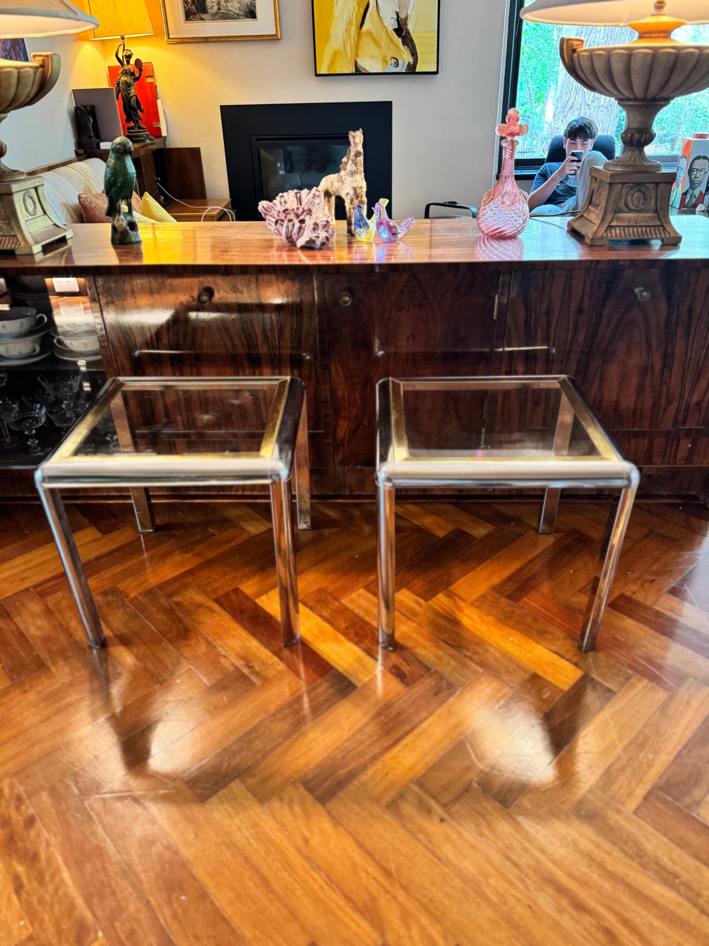 1970s chrome and brass tubular table set of 3