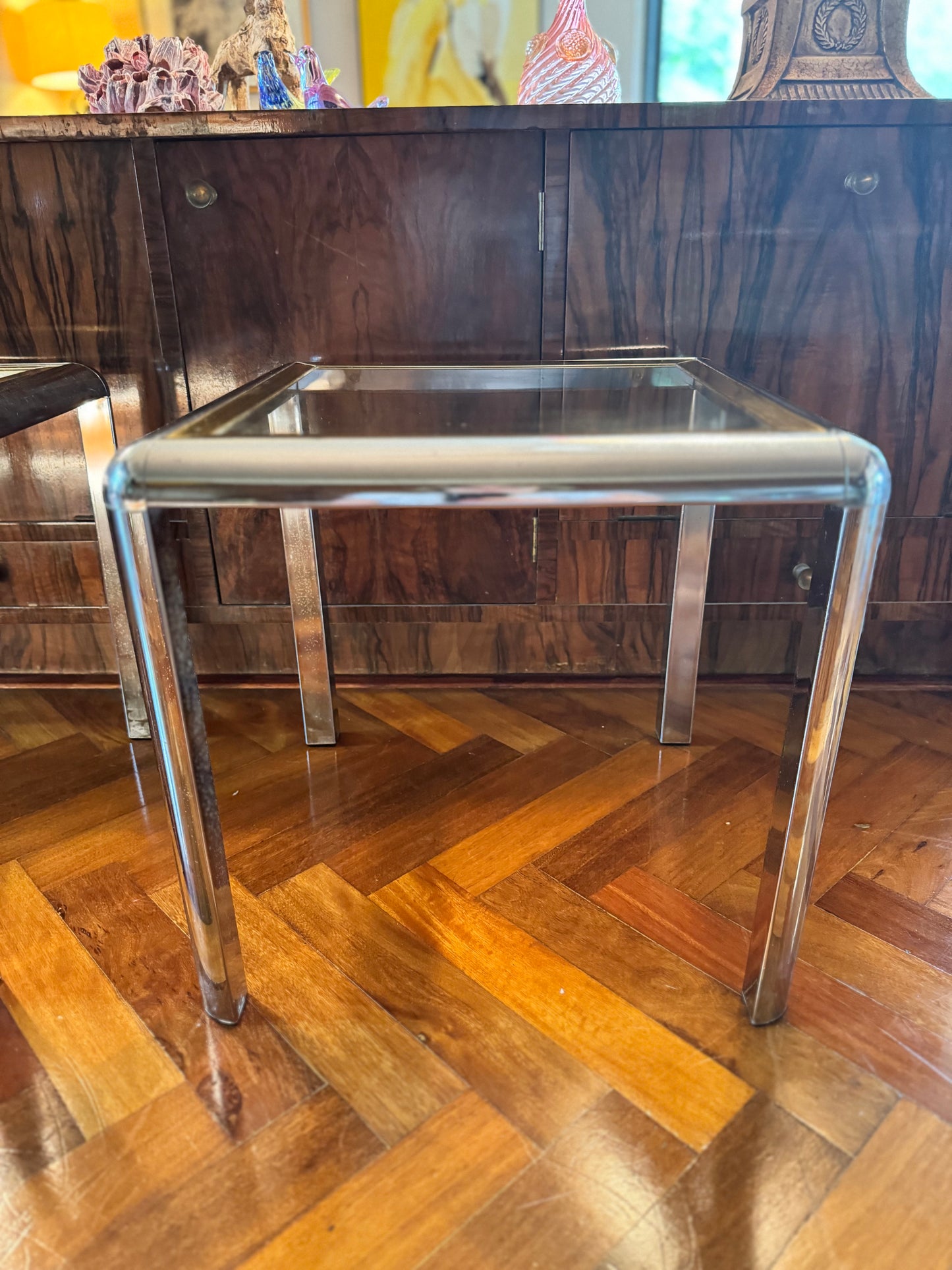 1970s chrome and brass tubular table set of 3