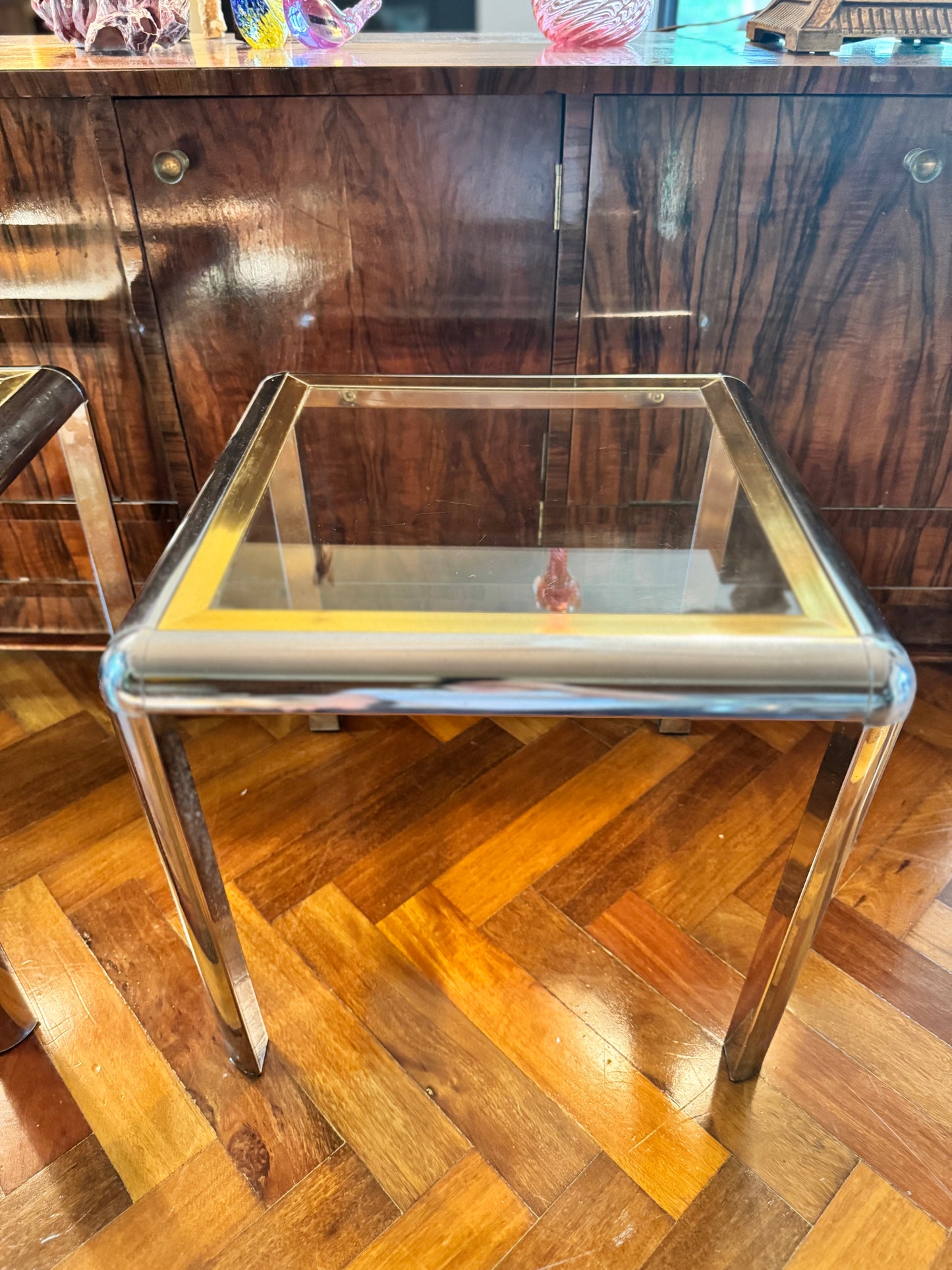 1970s chrome and brass tubular table set of 3