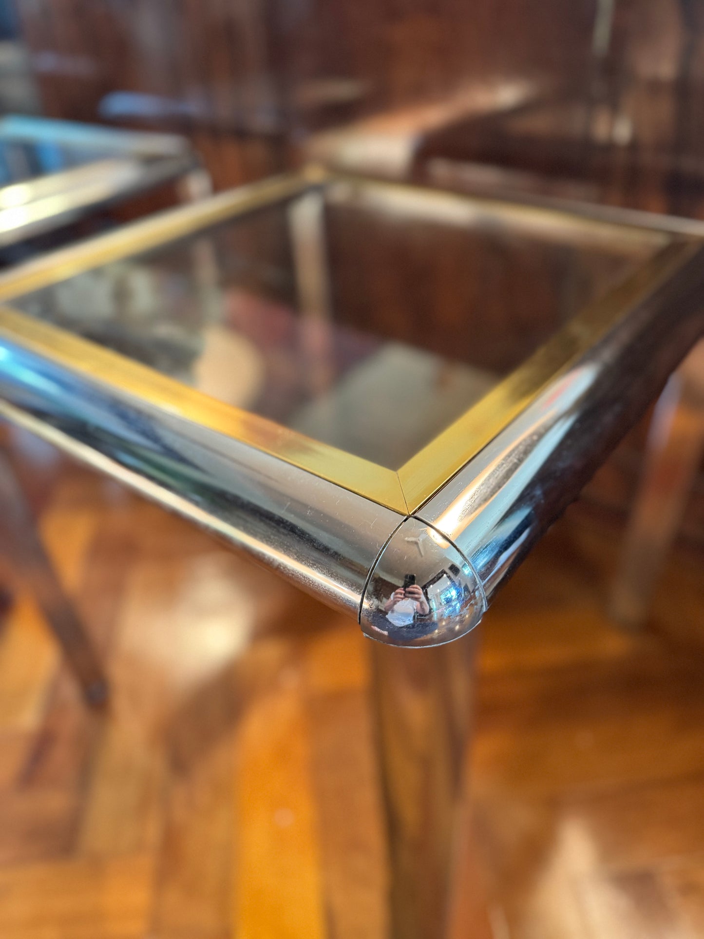 1970s chrome and brass tubular table set of 3