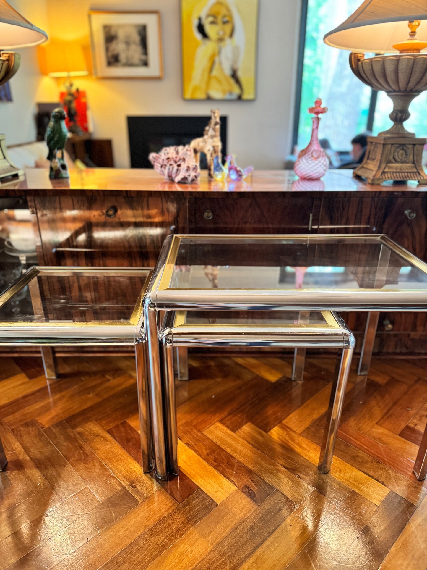 1970s chrome and brass tubular table set of 3