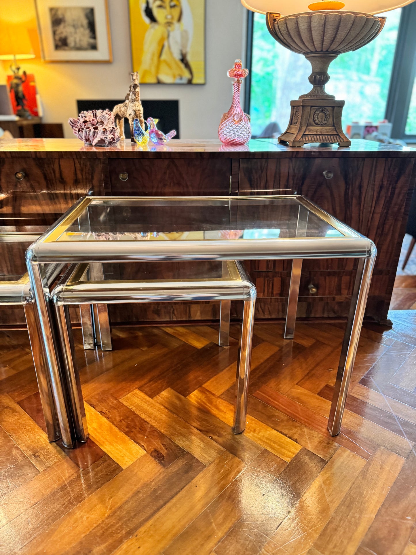 1970s chrome and brass tubular table set of 3