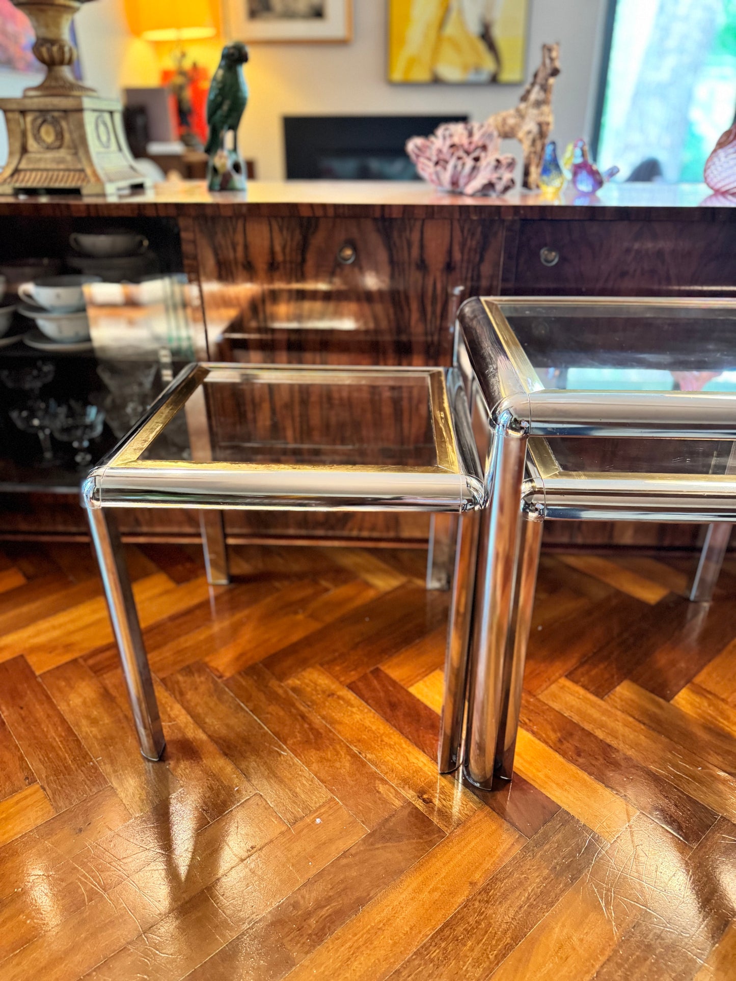 1970s chrome and brass tubular table set of 3