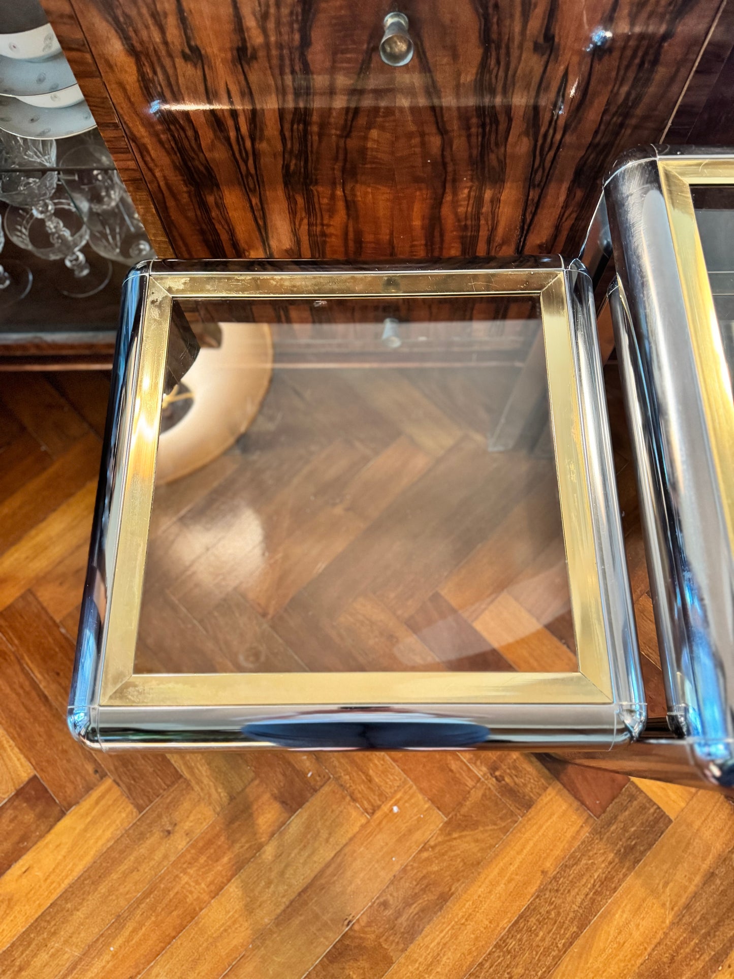 1970s chrome and brass tubular table set of 3