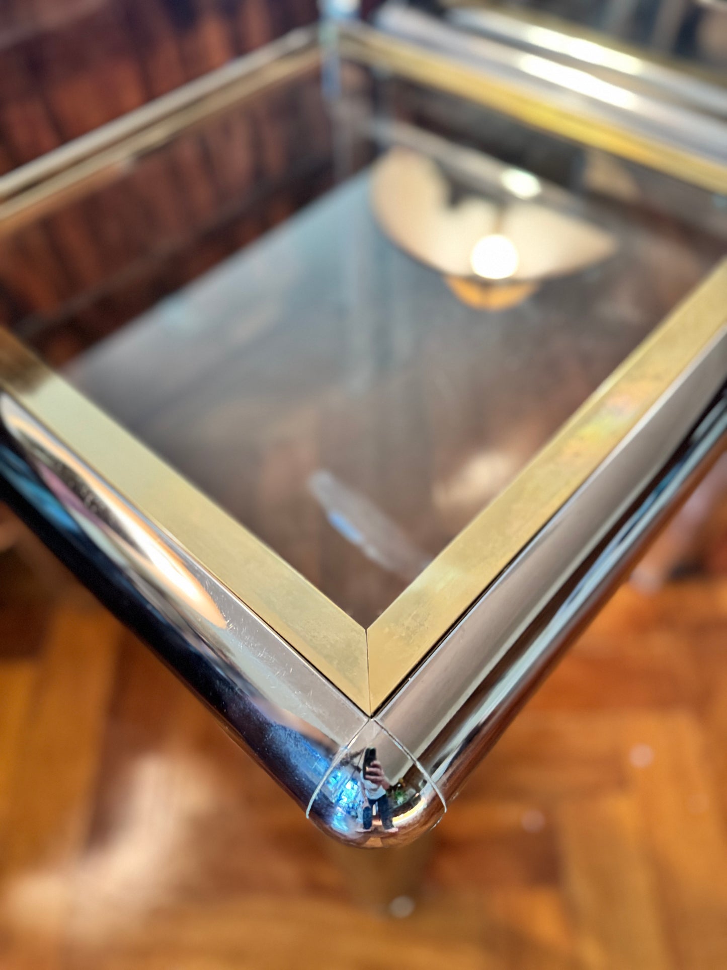 1970s chrome and brass tubular table set of 3