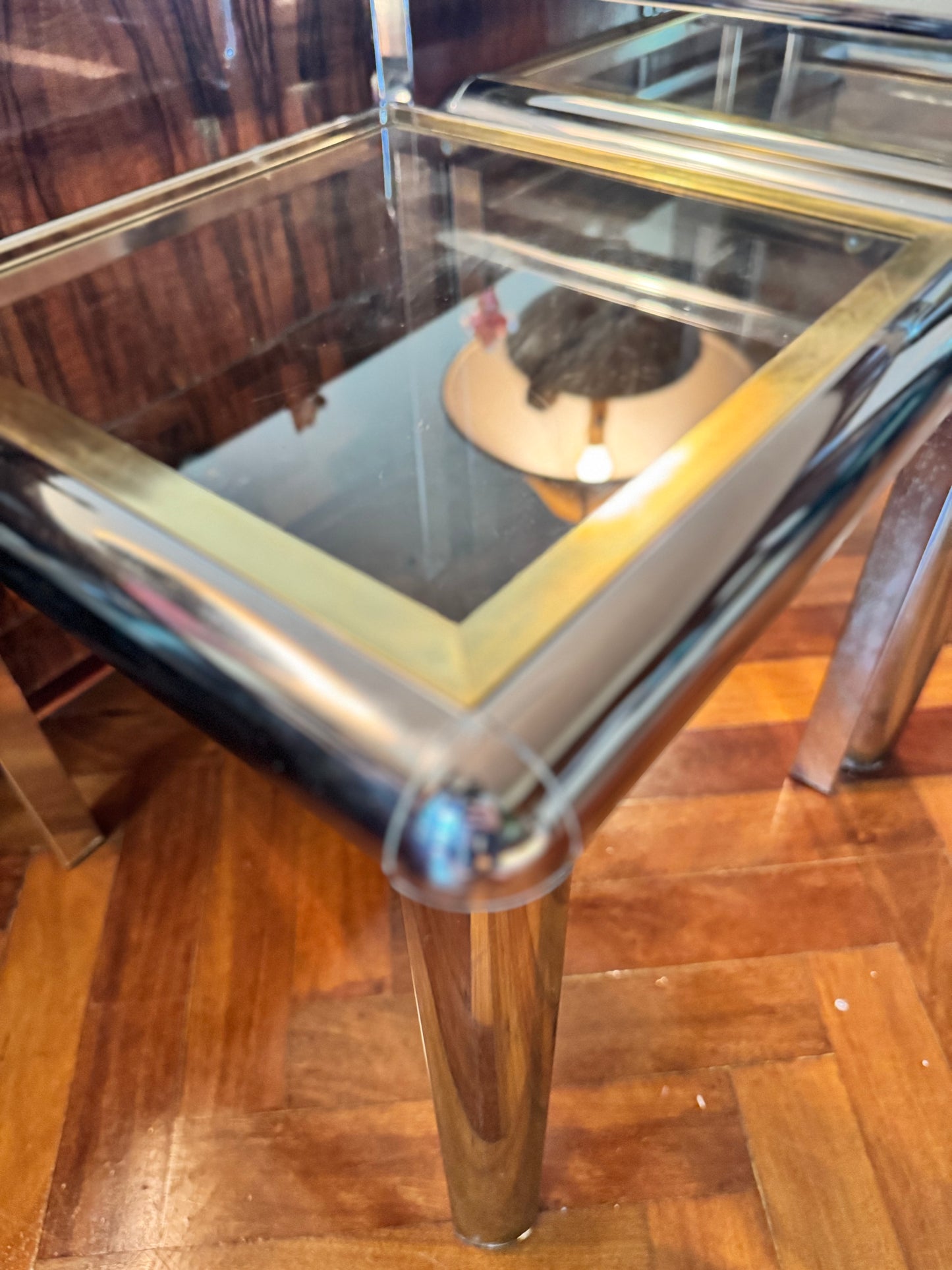 1970s chrome and brass tubular table set of 3