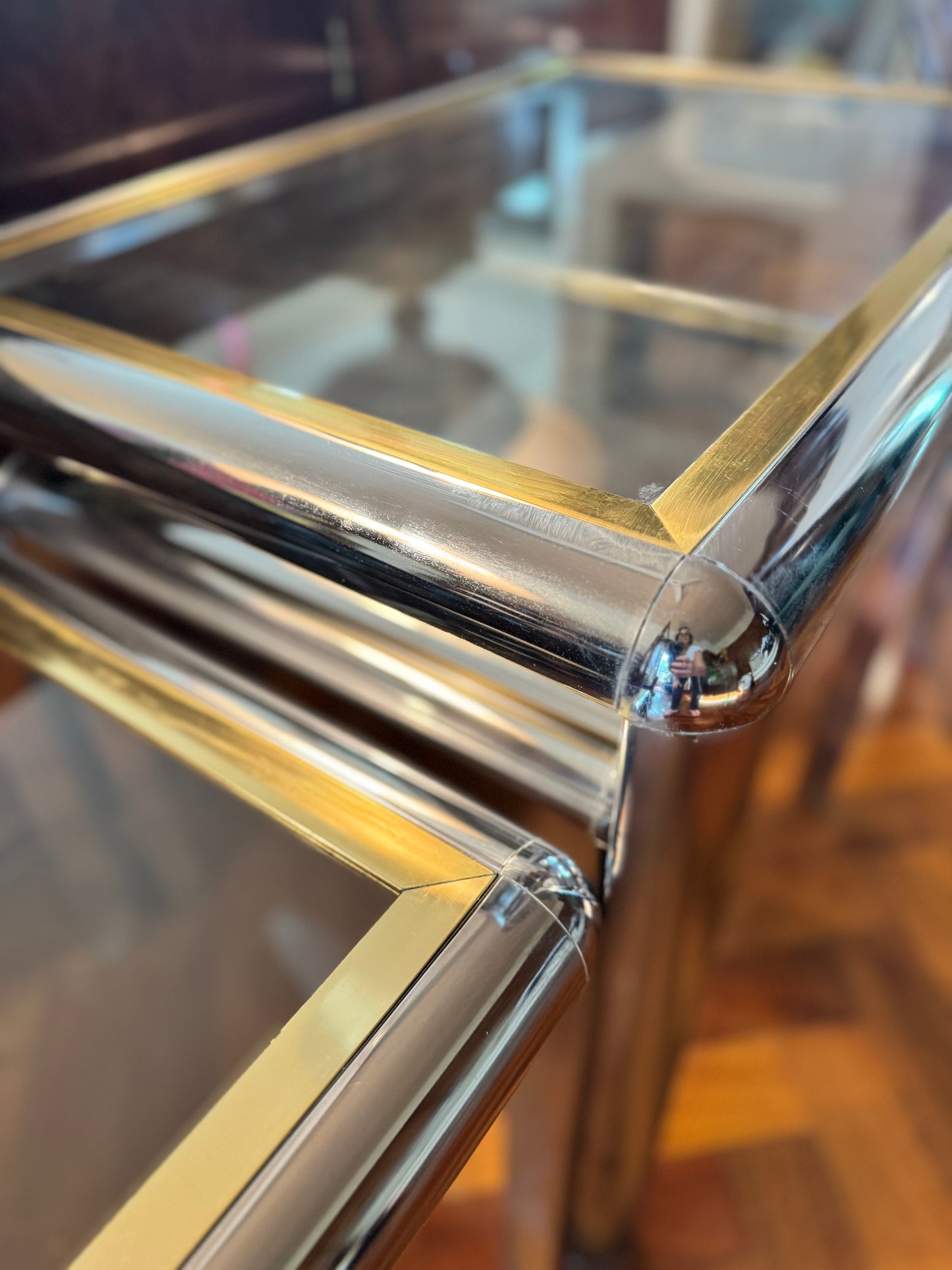 1970s chrome and brass tubular table set of 3
