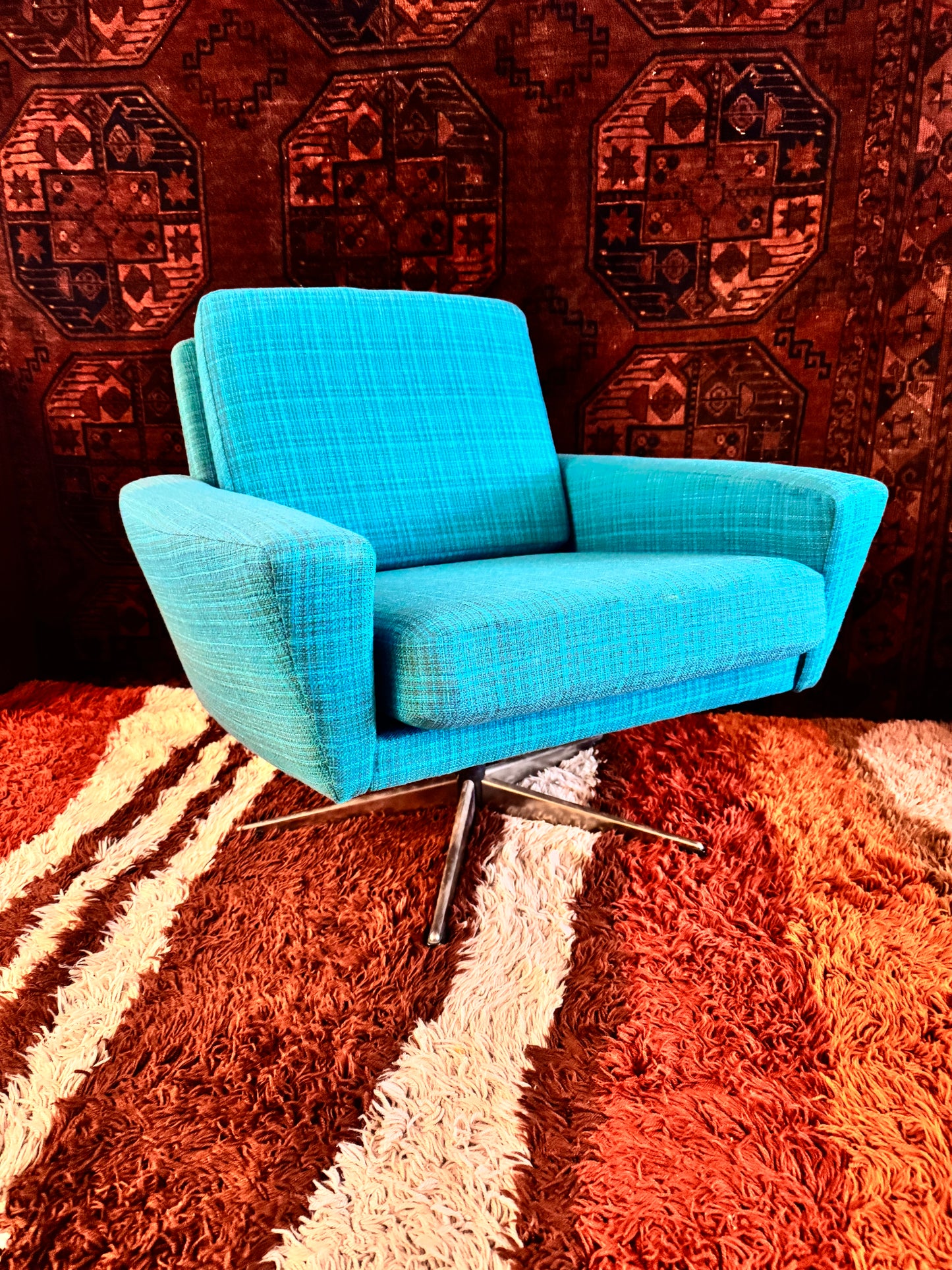 Mid Century Swedish turquoise swivel armchair, 1960