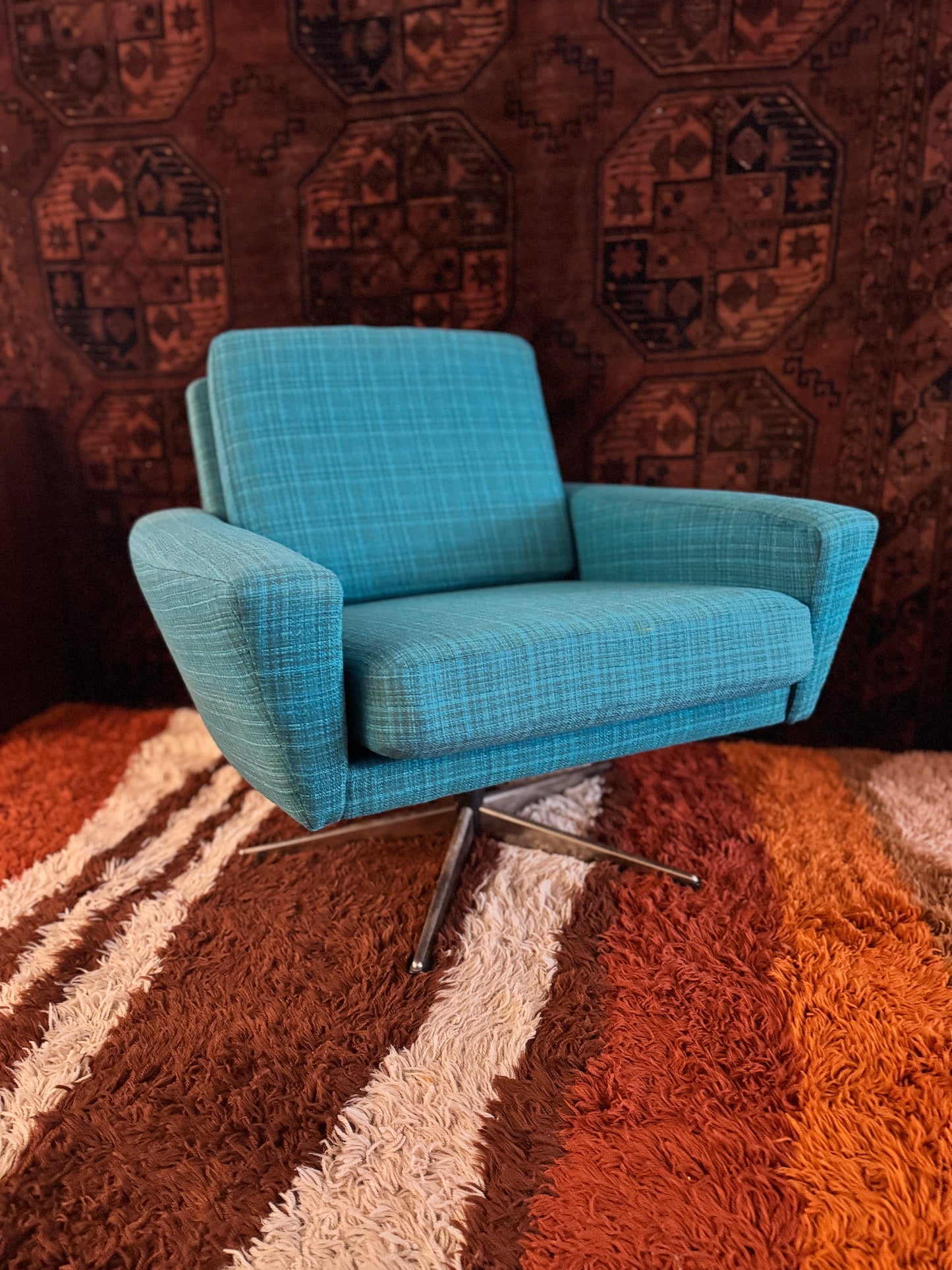 Mid Century Swedish turquoise swivel armchair, 1960