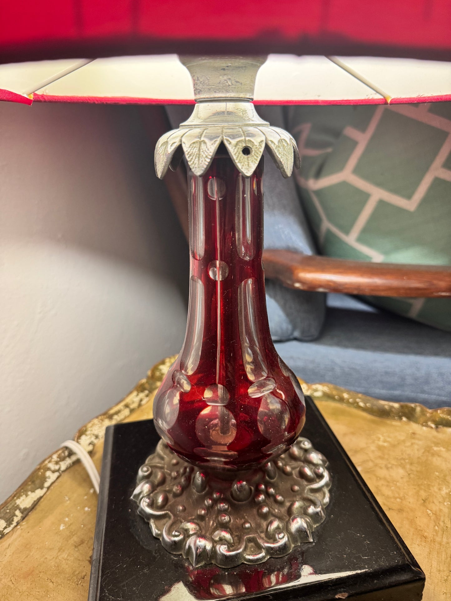 Bohemian ruby cut glass lamp with red shade