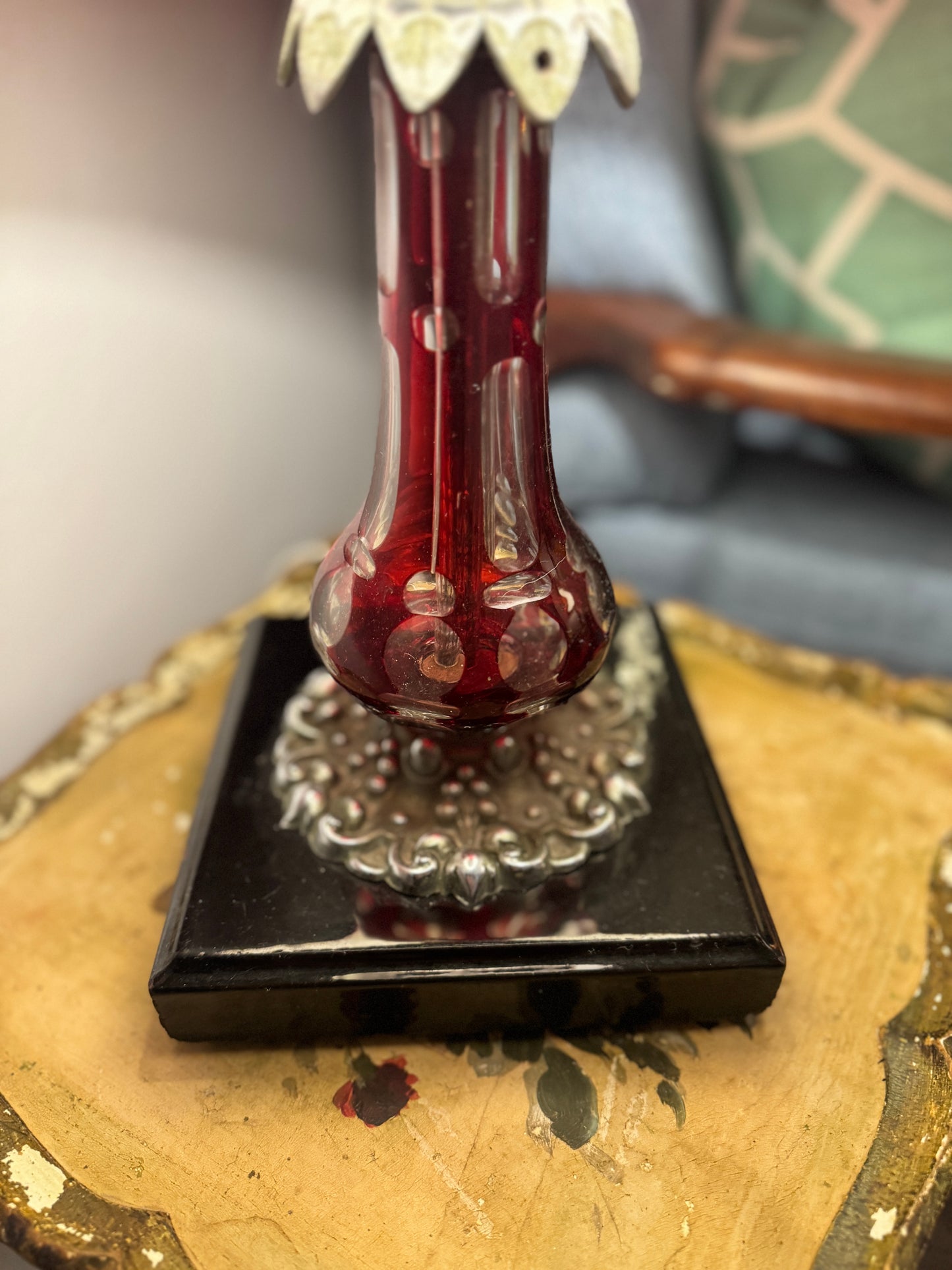 Bohemian ruby cut glass lamp with red shade