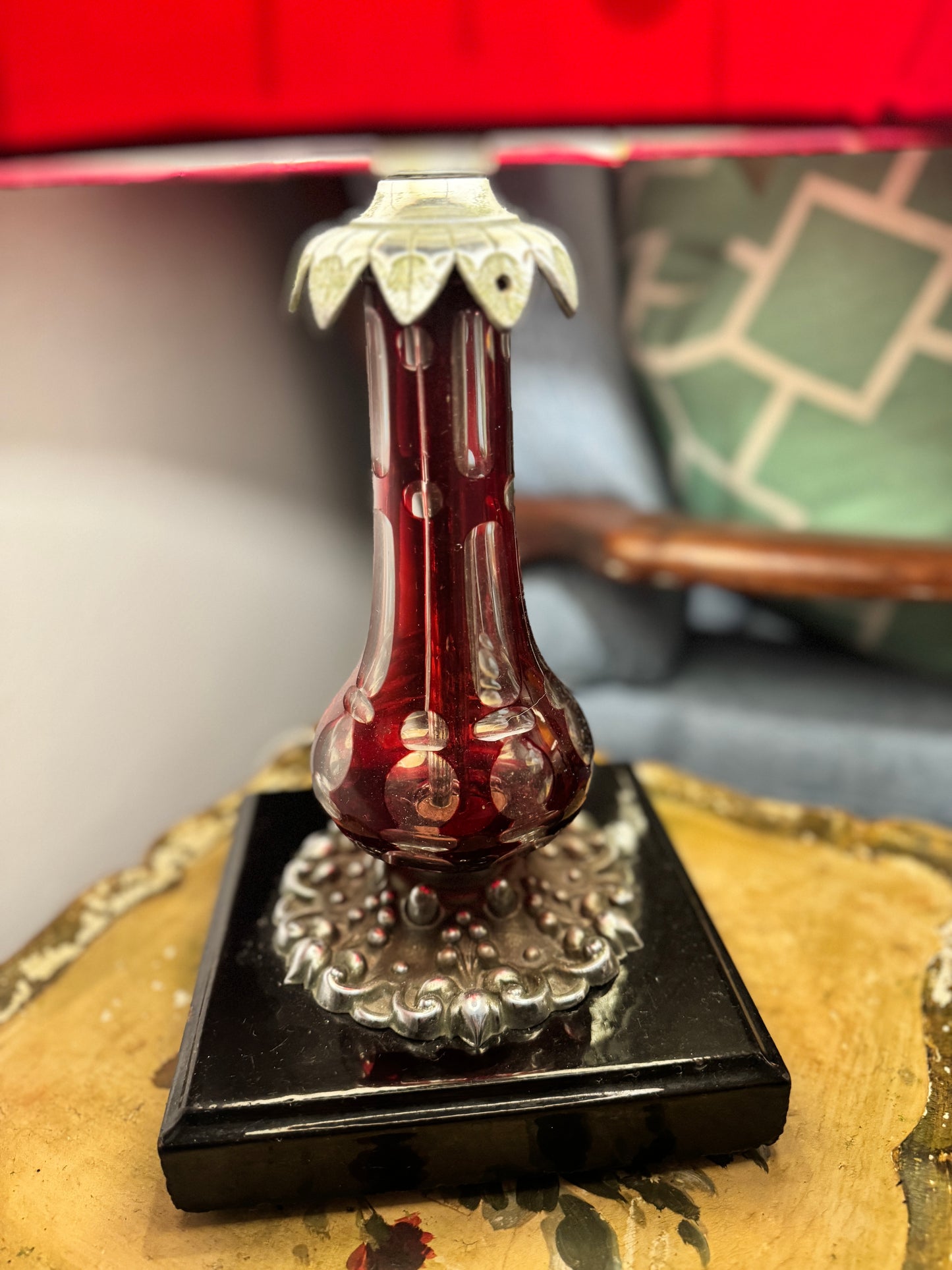 Bohemian ruby cut glass lamp with red shade
