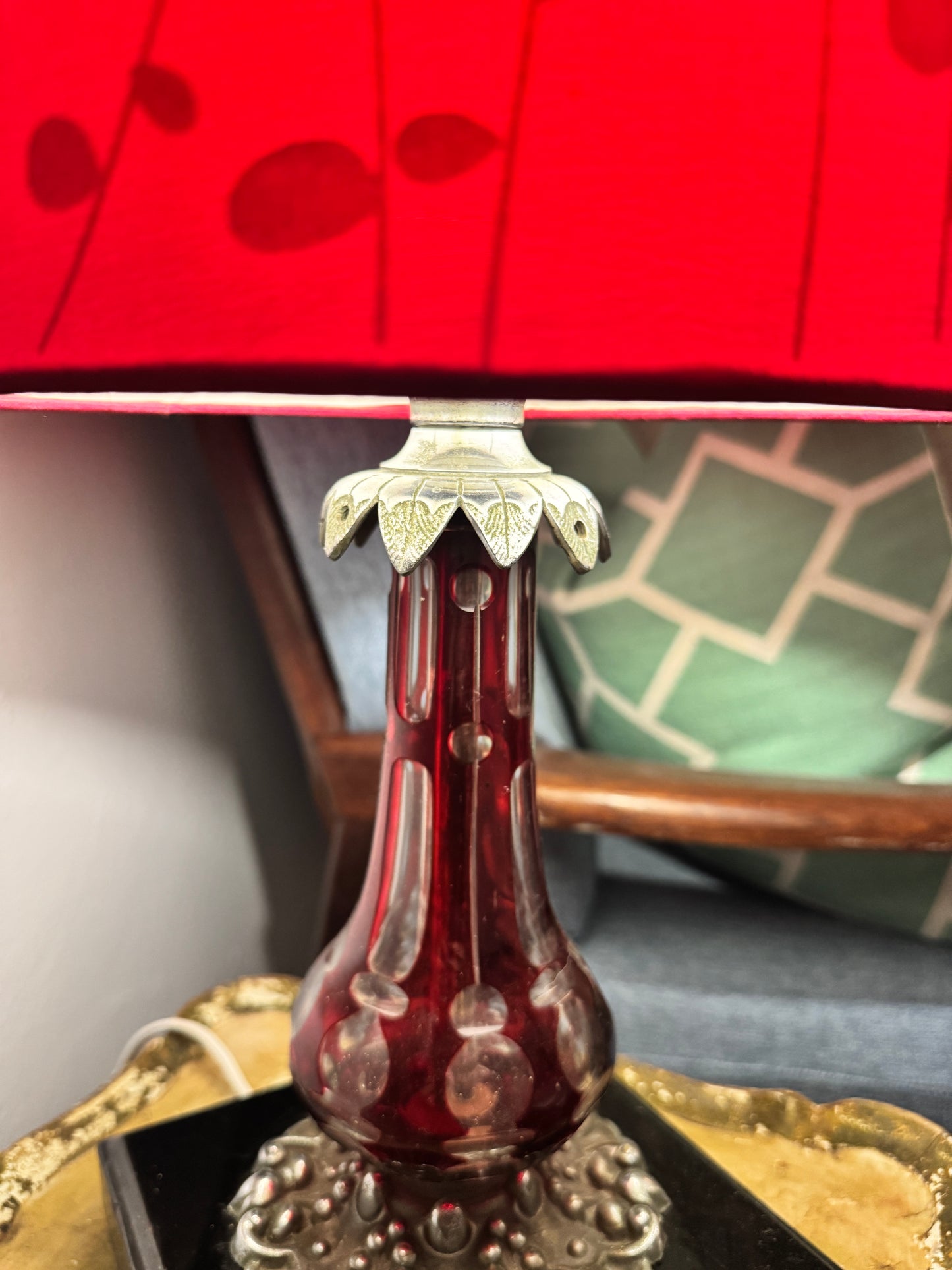Bohemian ruby cut glass lamp with red shade