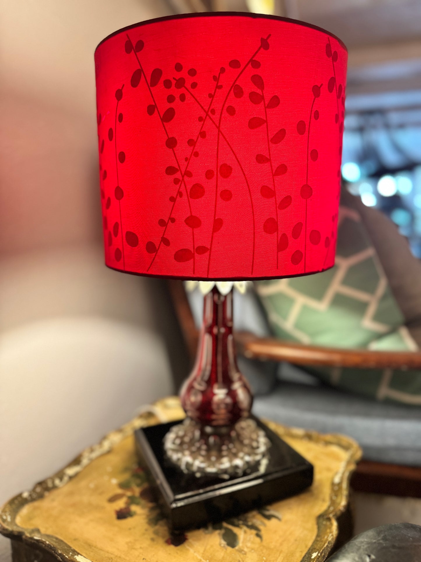 Bohemian ruby cut glass lamp with red shade