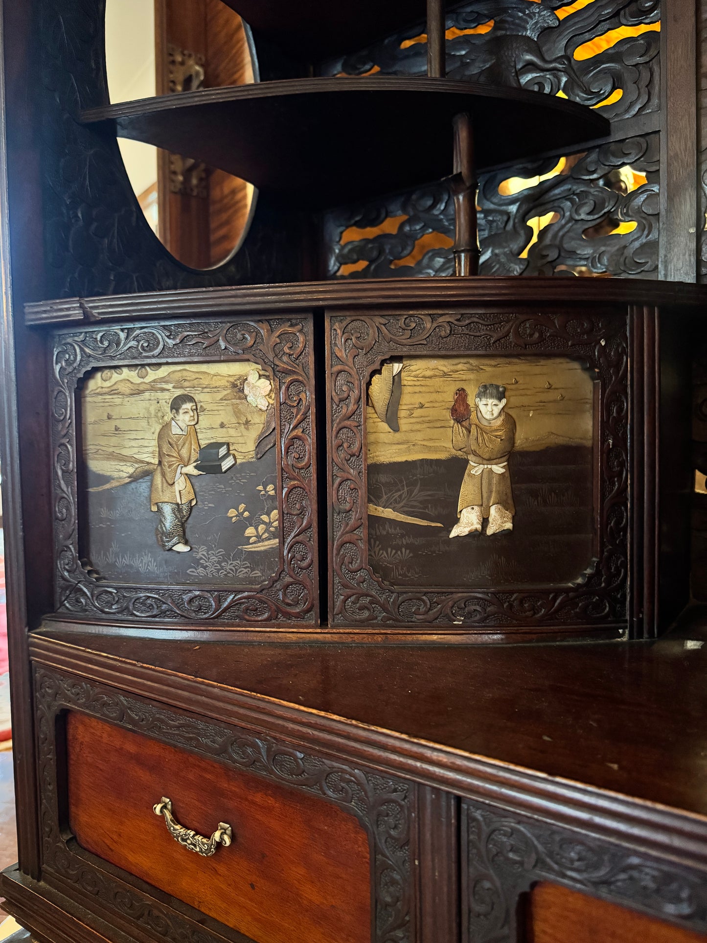 Antique Chinese Export Curio Cabinet with elaborate detailing