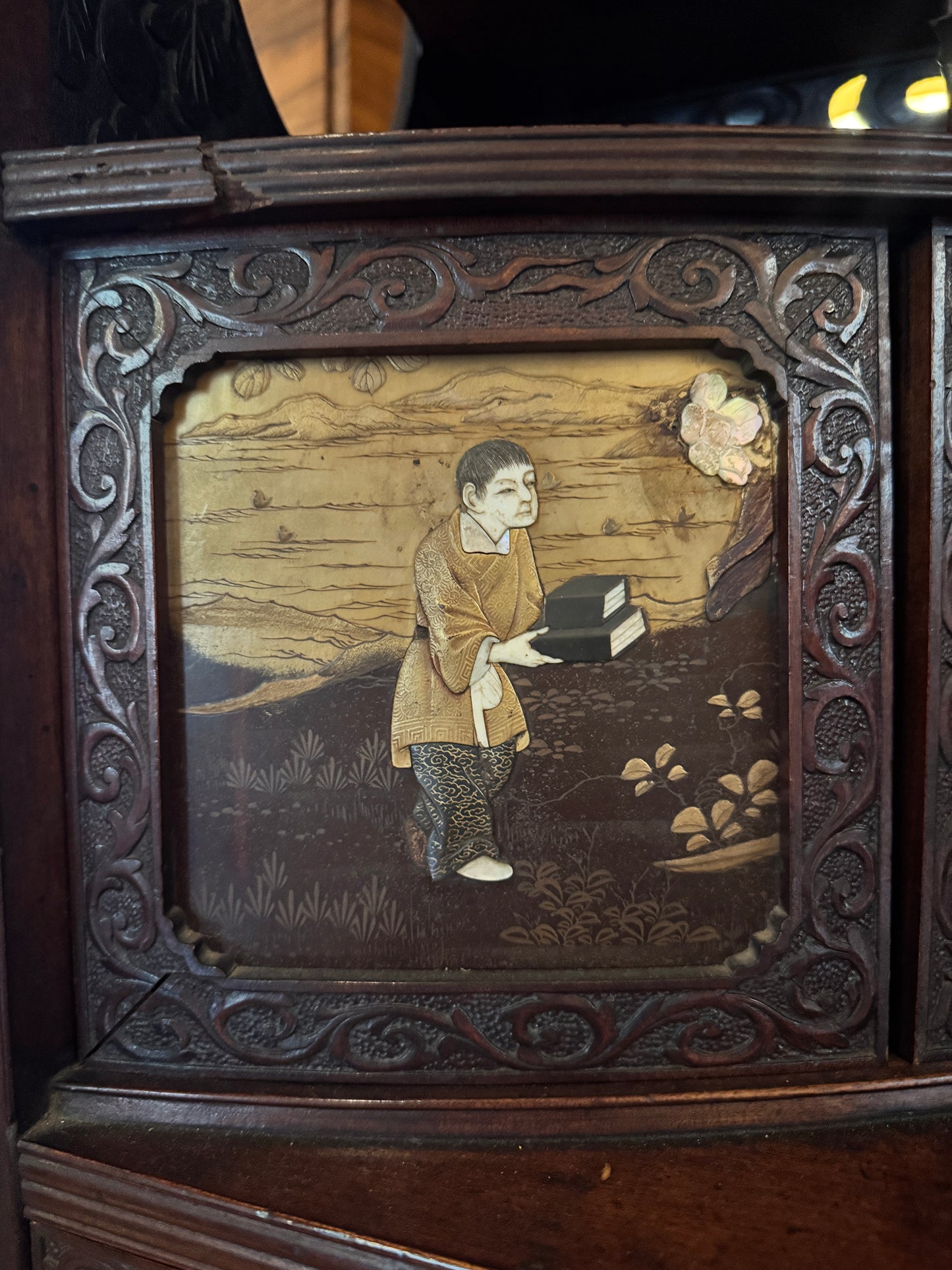 Antique Chinese Export Curio Cabinet with elaborate detailing