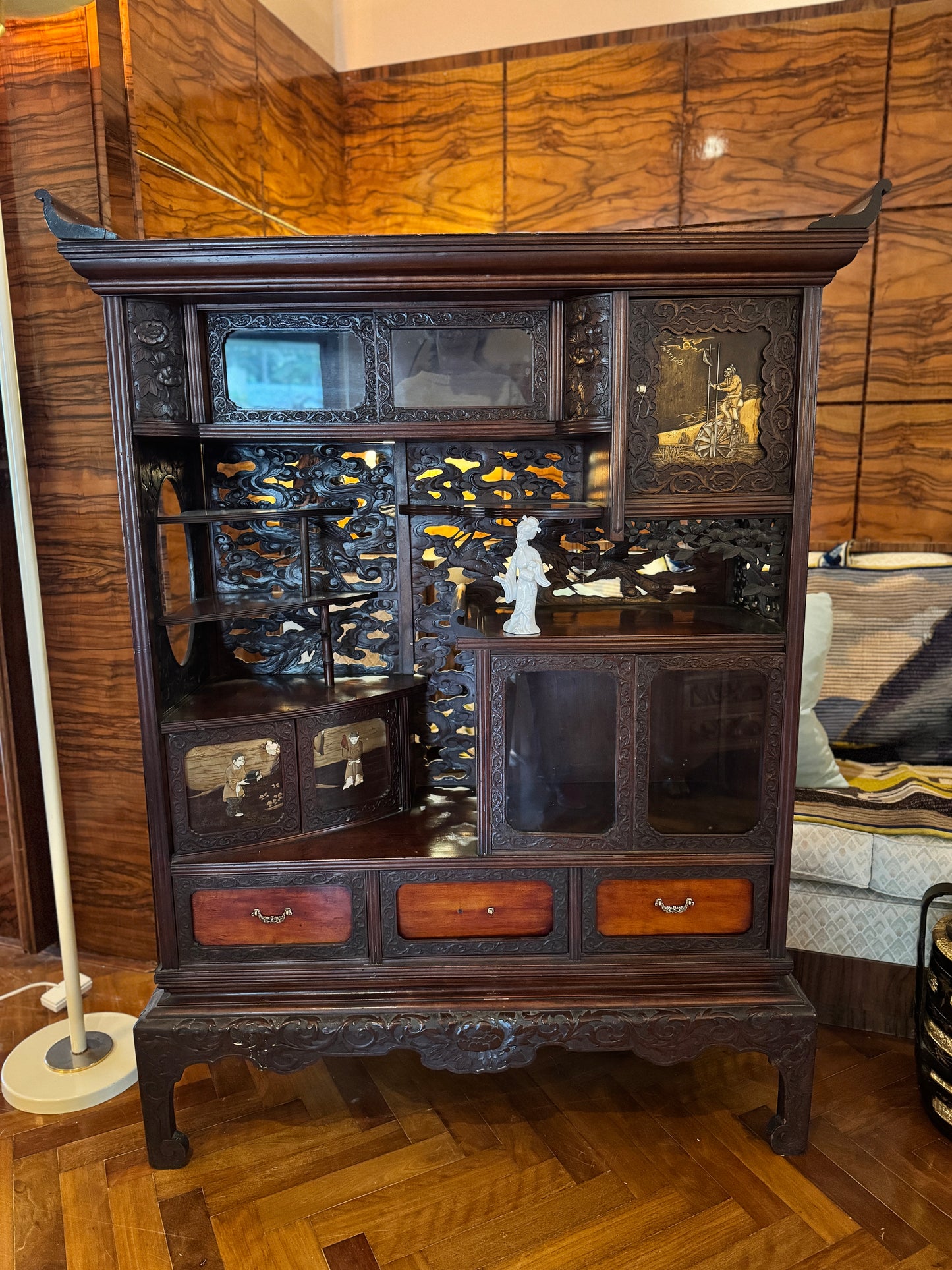 Antique Chinese Export Curio Cabinet with elaborate detailing