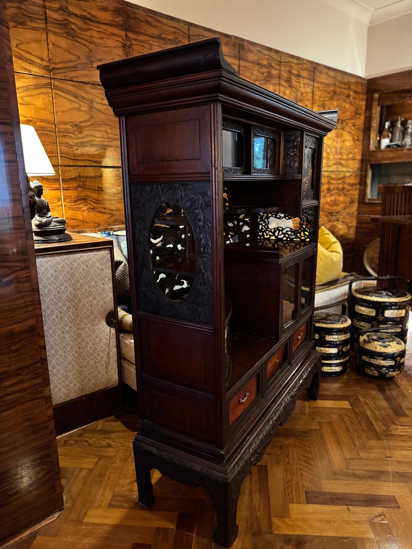 Antique Chinese Export Curio Cabinet with elaborate detailing