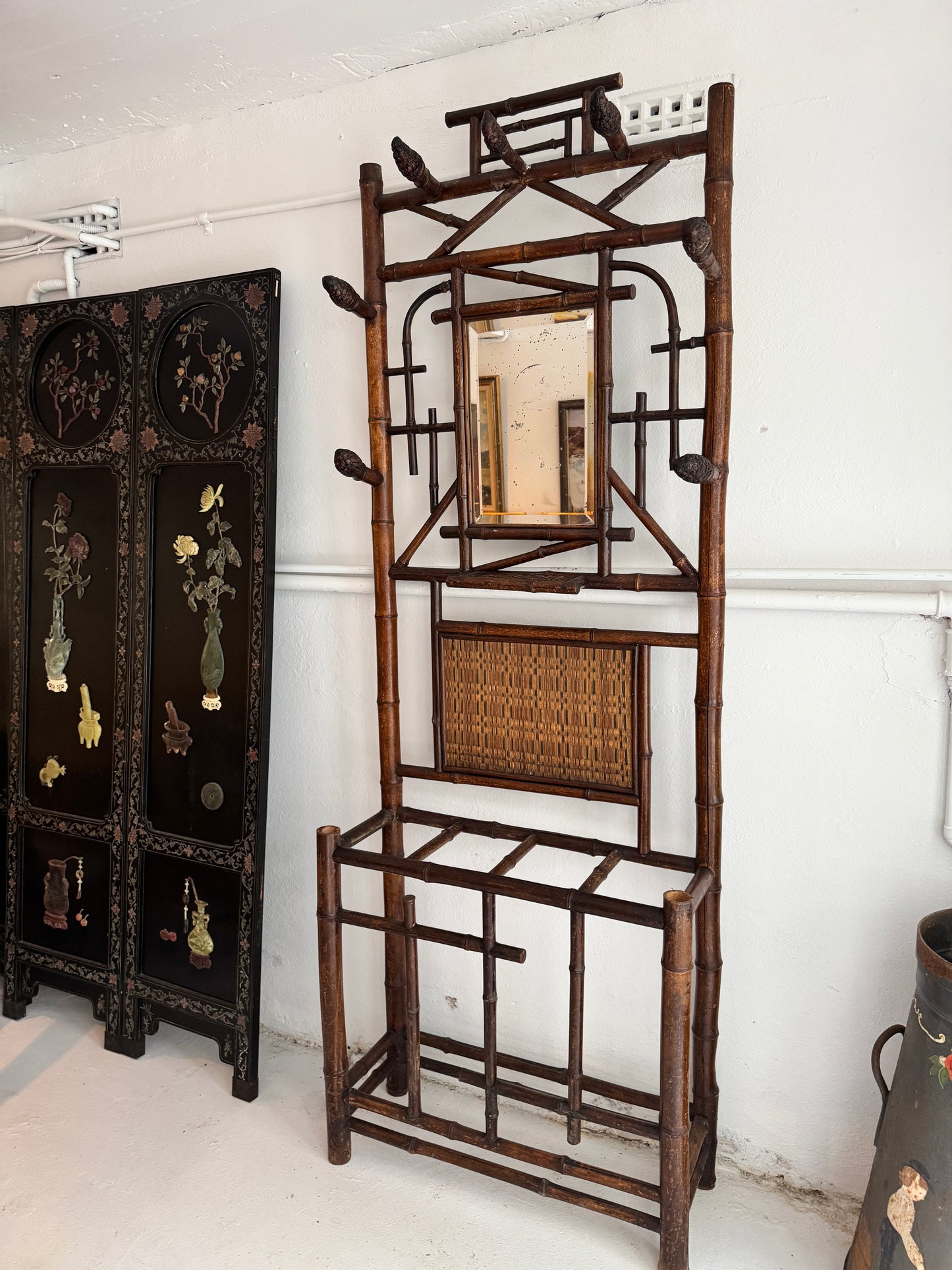 Antique French bamboo hall and umbrella stand