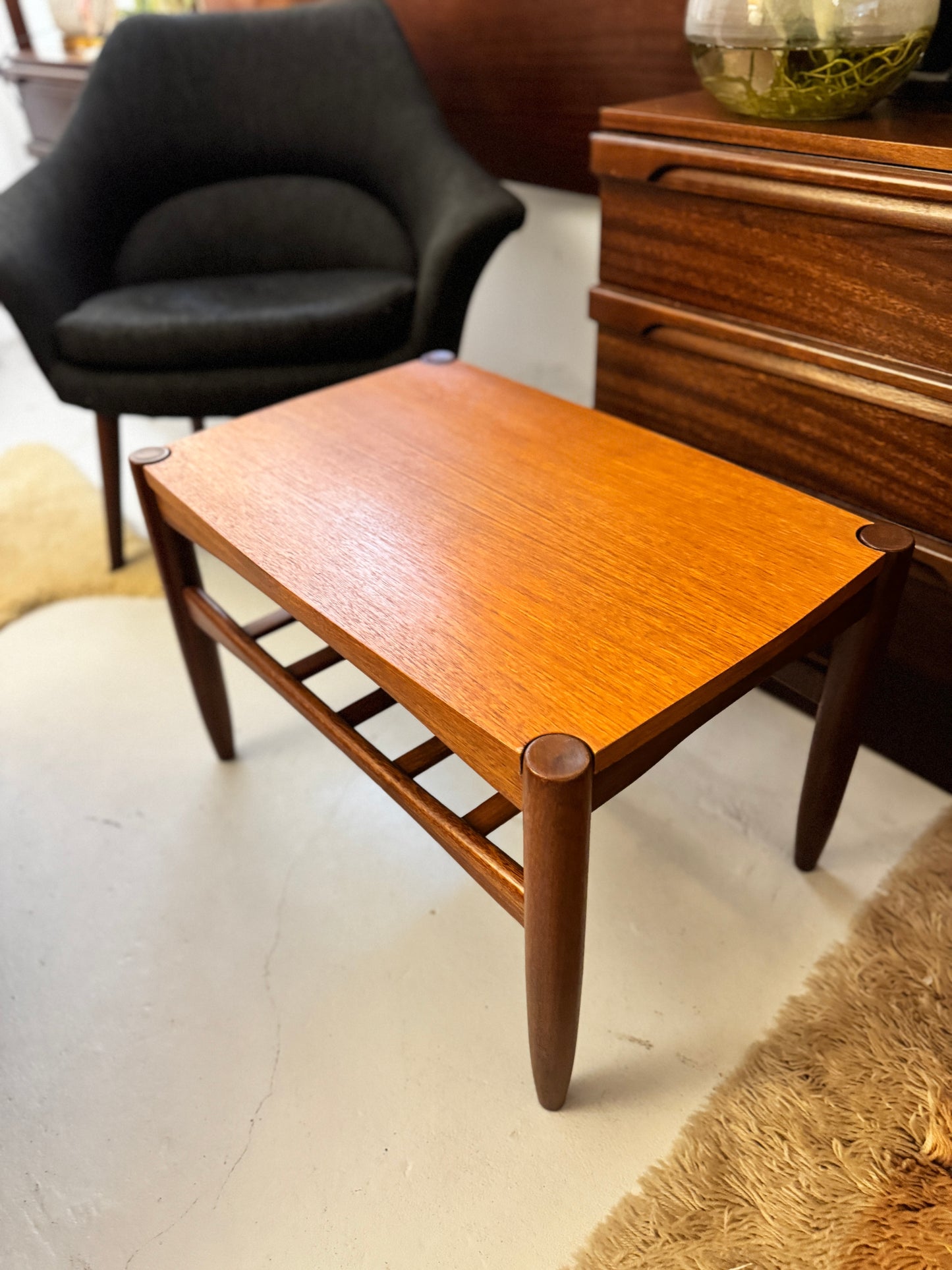 Danish Deluxe Reversible Side Table – Teak & Black Vinyl, 1960s