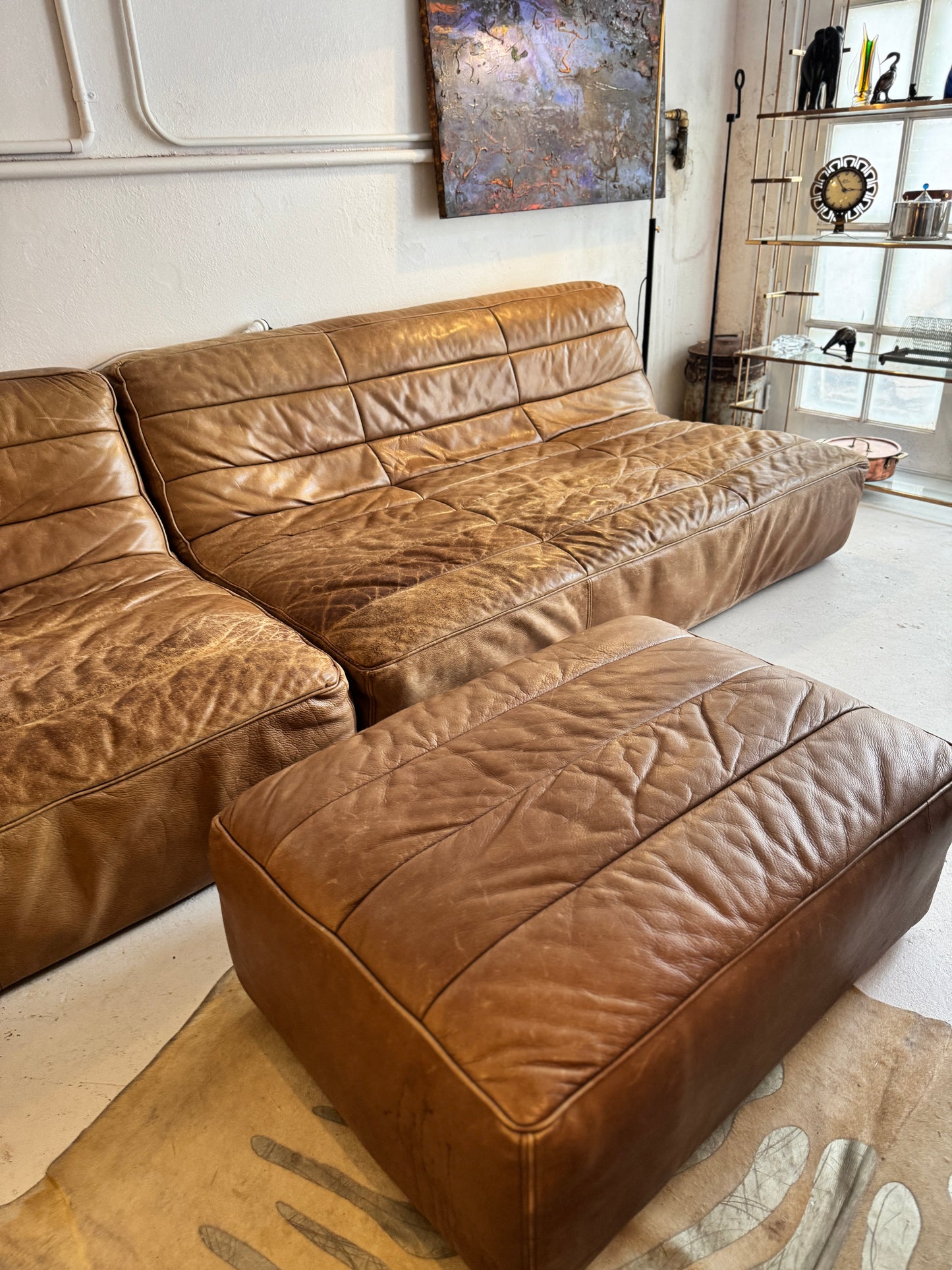Timothy Oulton Modular Leather Lounge Suite – 4 Piece with Ottoman