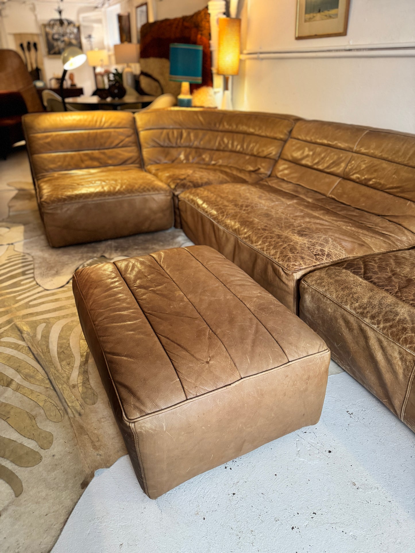 Timothy Oulton Modular Leather Lounge Suite – 4 Piece with Ottoman