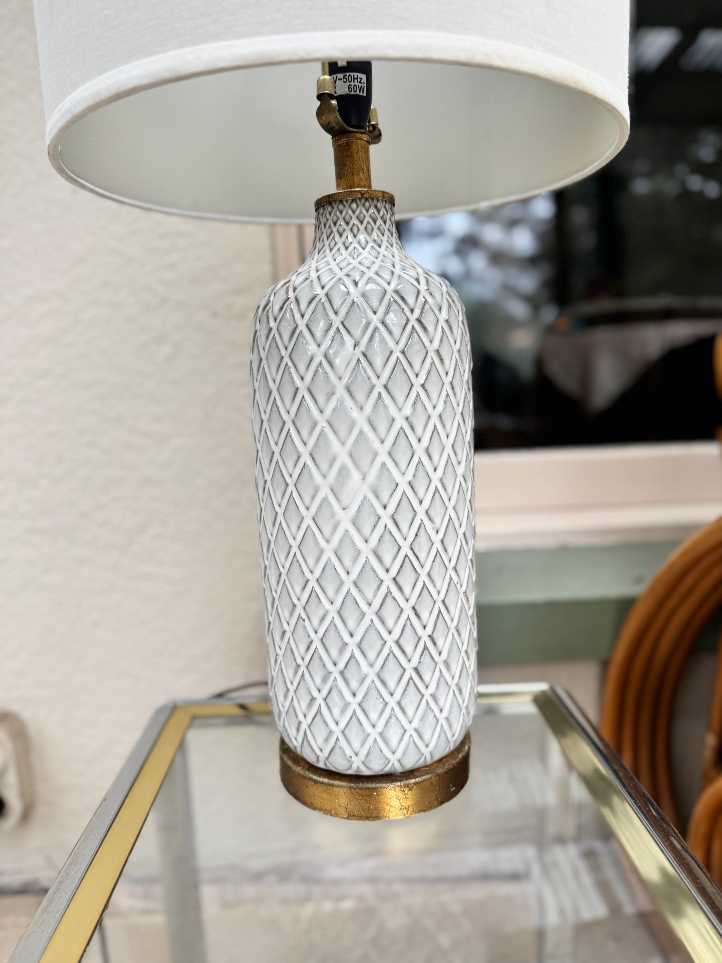 1 of 2 vintage ceramic lamps with drum shades