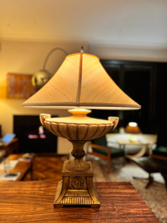 1 of 2 Neoclassical Greek Revival urn lamps with silk pagoda shades