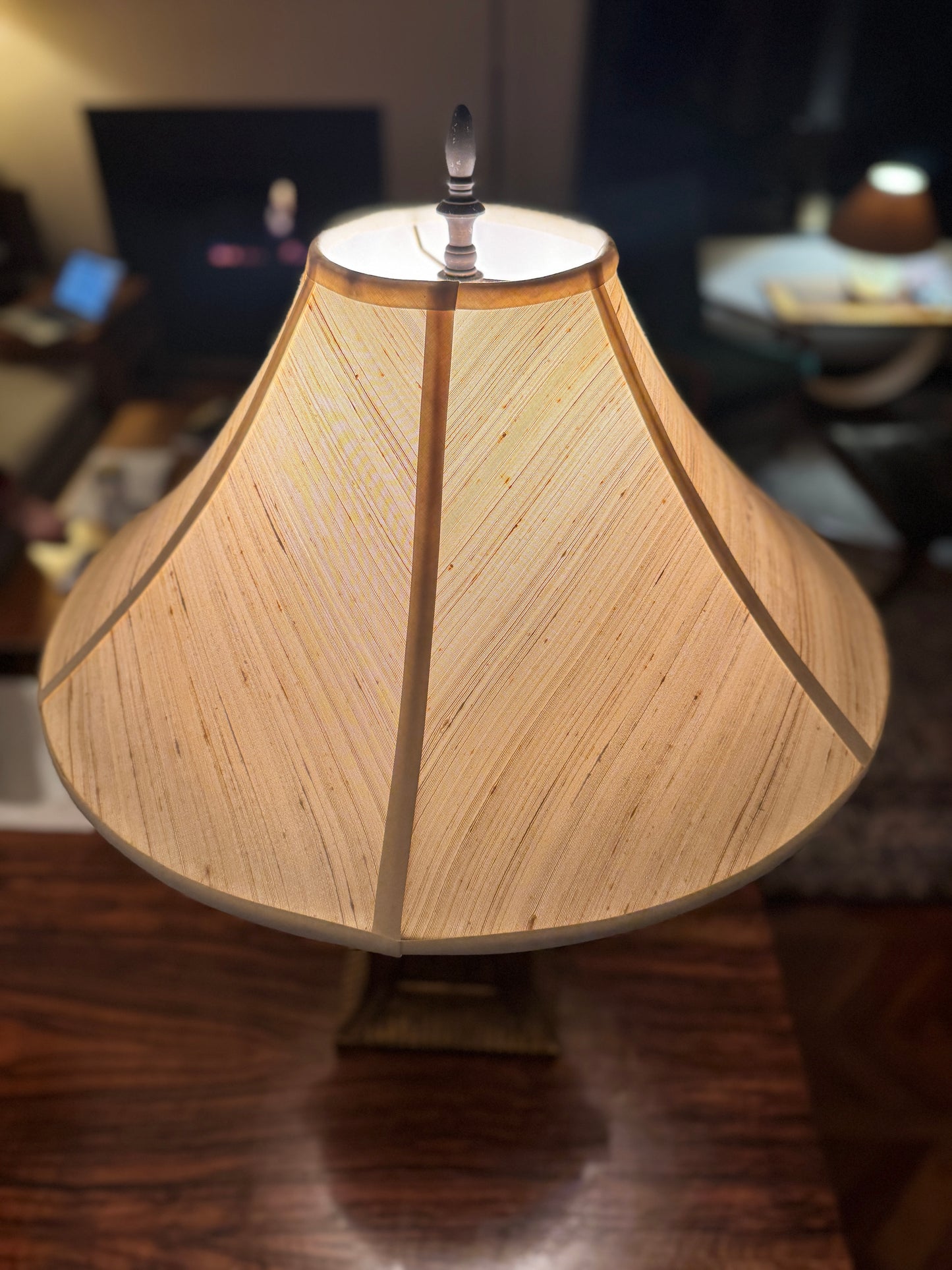 1 of 2 Neoclassical Greek Revival urn lamps with silk pagoda shades