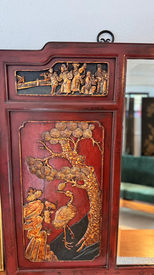 1930 chinoiserie red lacquer mirror with hand carved details