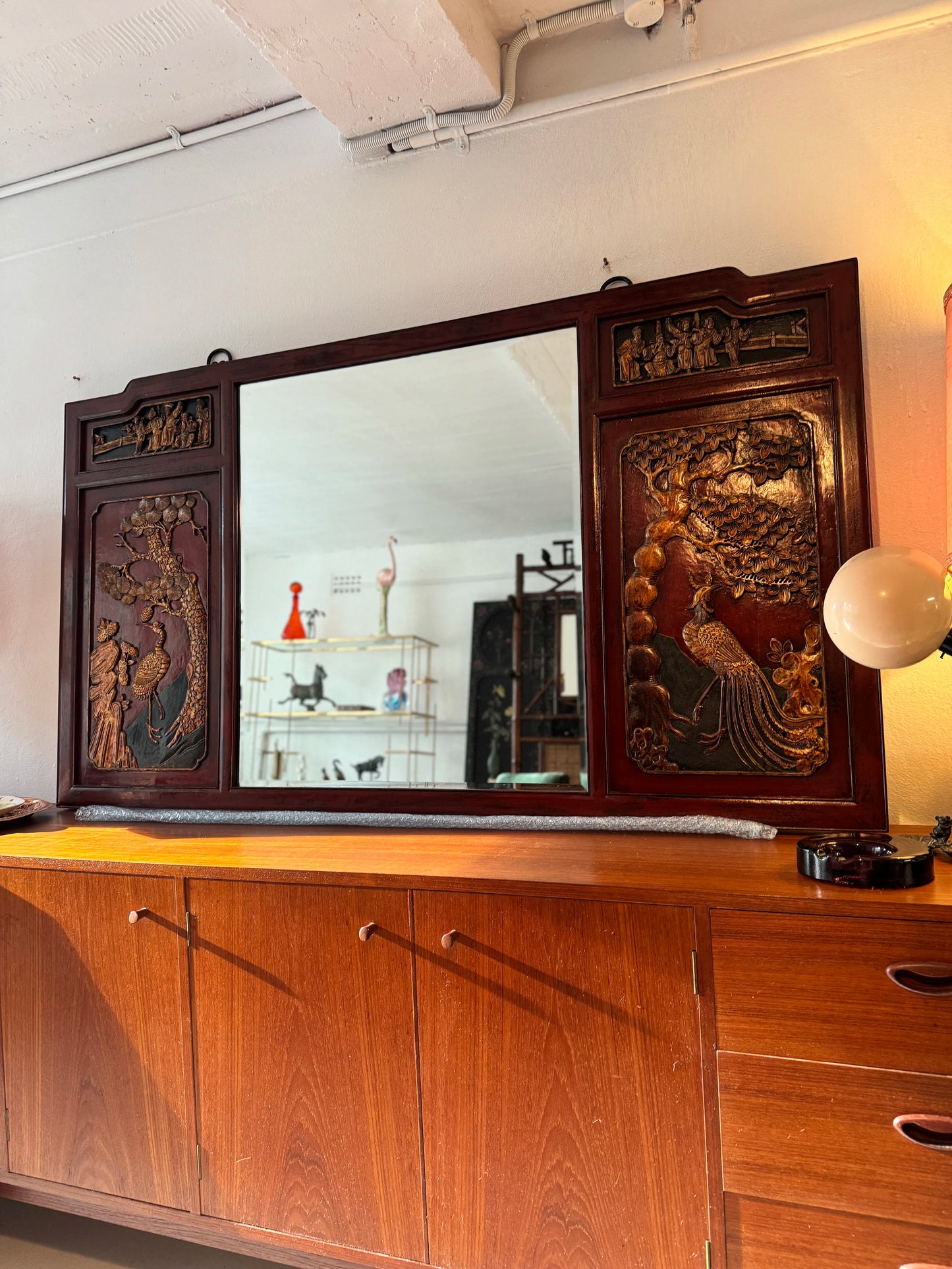 1930 chinoiserie red lacquer mirror with hand carved details
