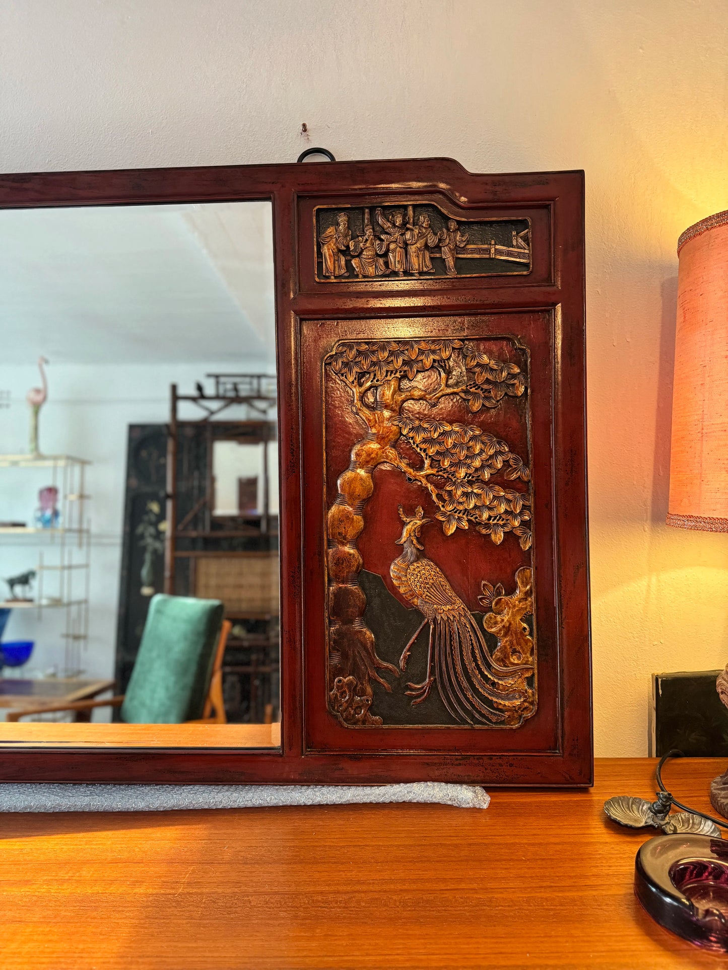 1930 chinoiserie red lacquer mirror with hand carved details