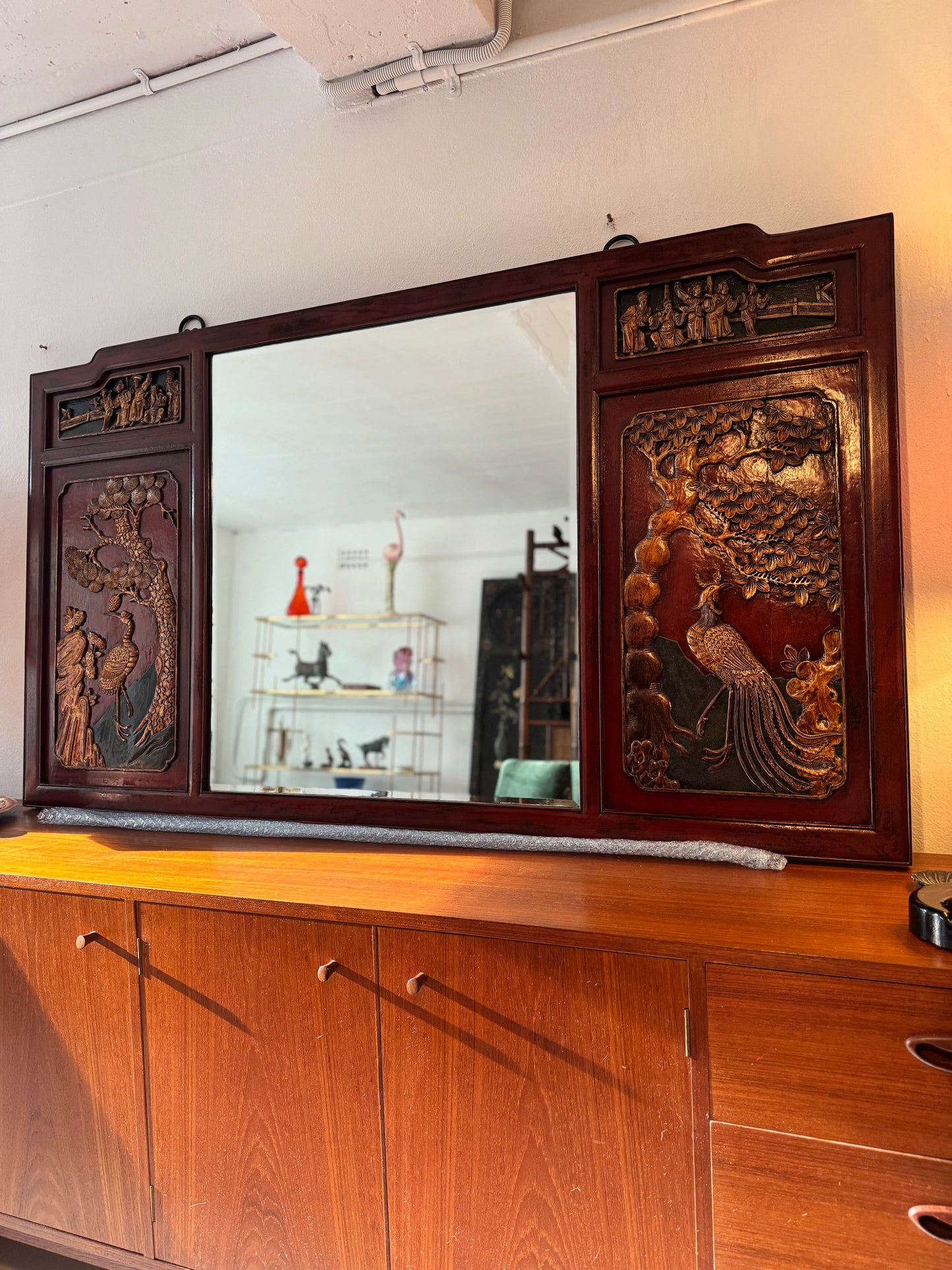 1930 chinoiserie red lacquer mirror with hand carved details