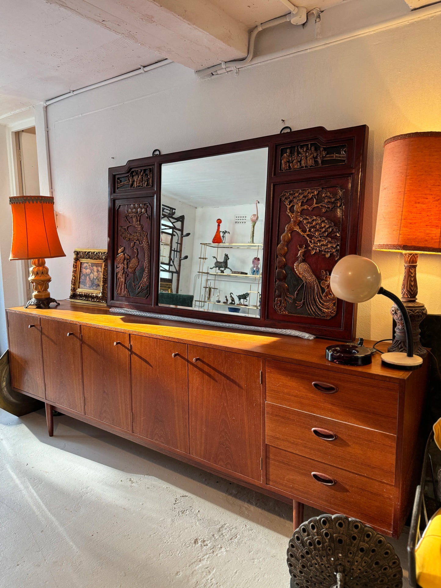 1930 chinoiserie red lacquer mirror with hand carved details
