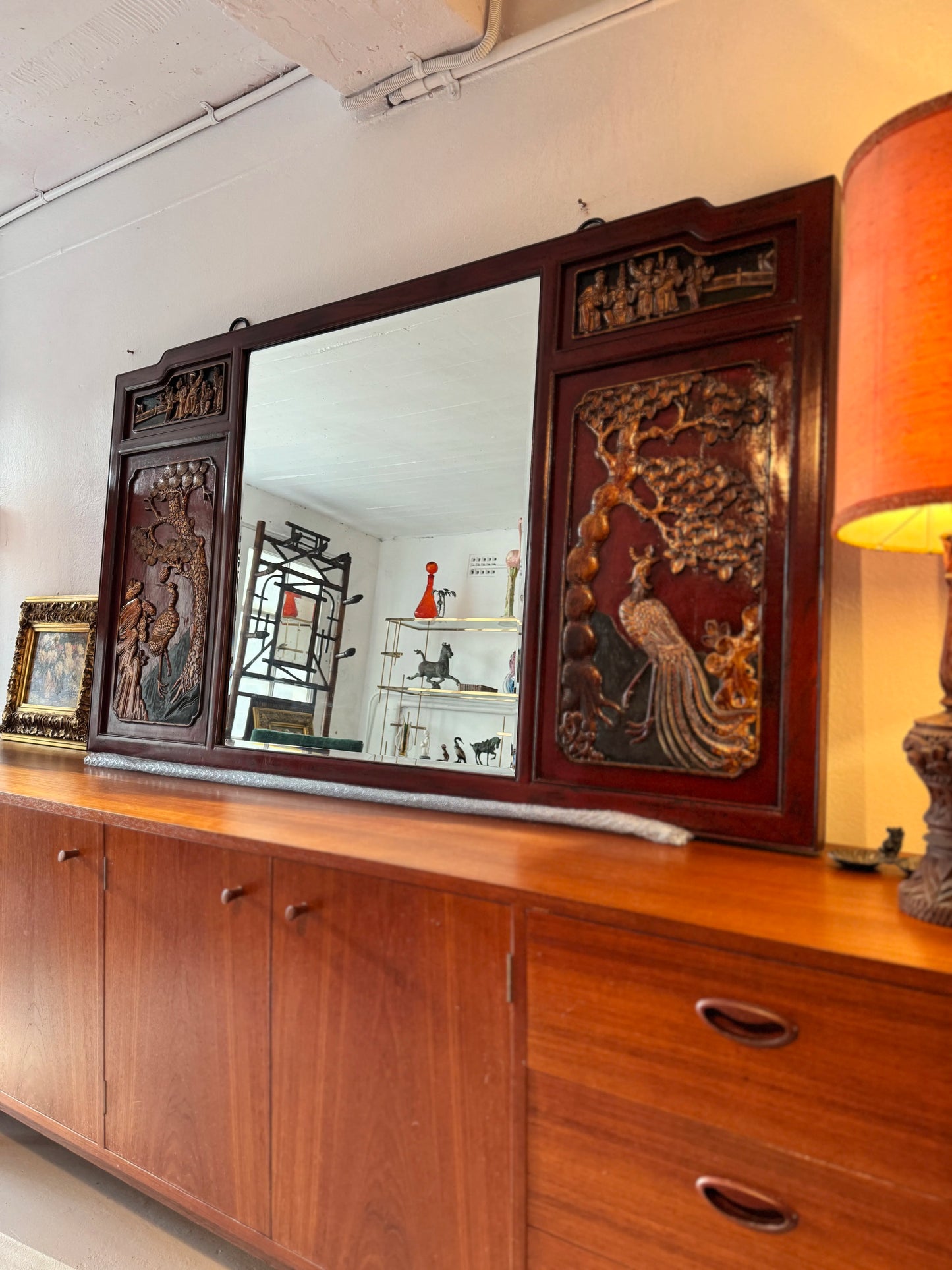 1930 chinoiserie red lacquer mirror with hand carved details
