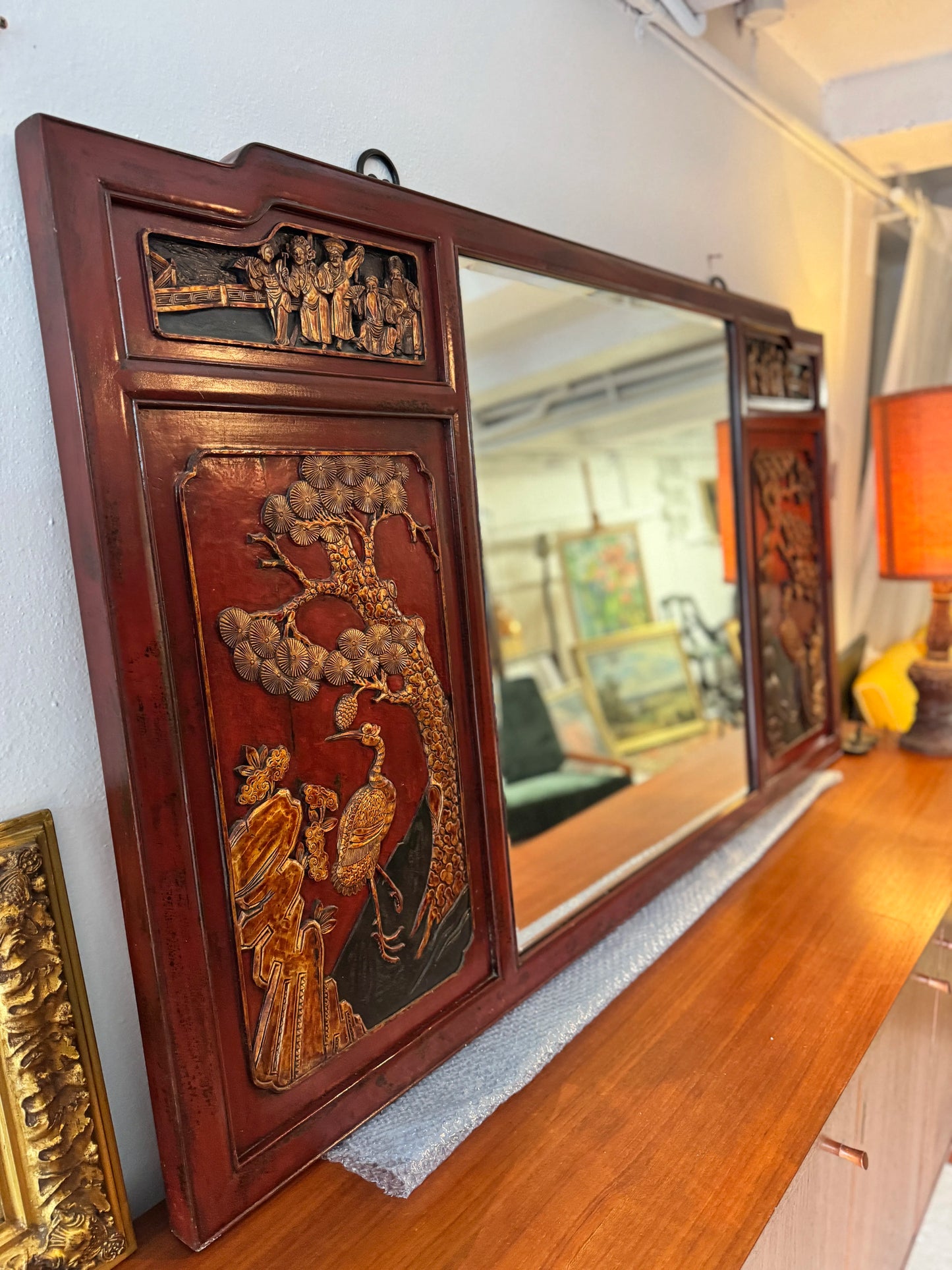 1930 chinoiserie red lacquer mirror with hand carved details