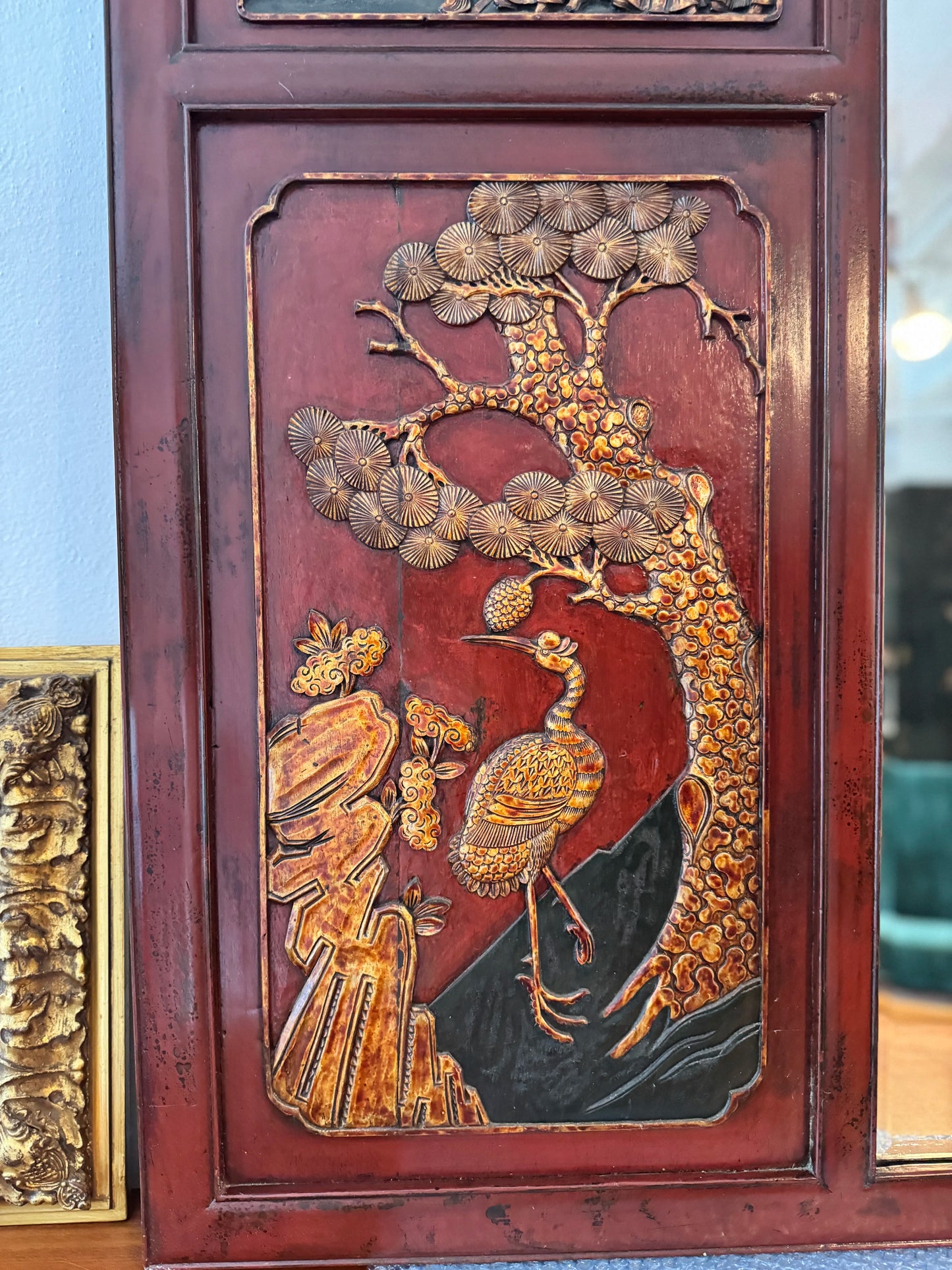1930 chinoiserie red lacquer mirror with hand carved details