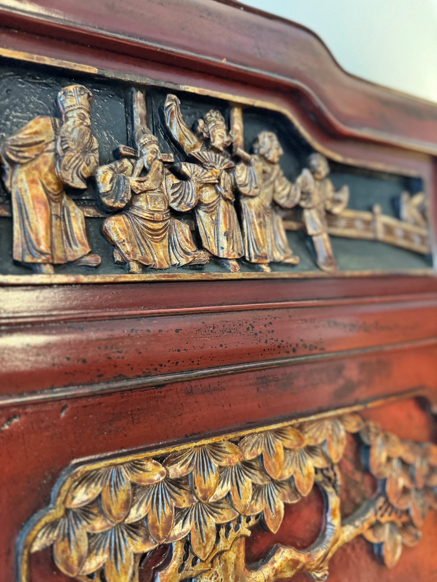 1930 chinoiserie red lacquer mirror with hand carved details