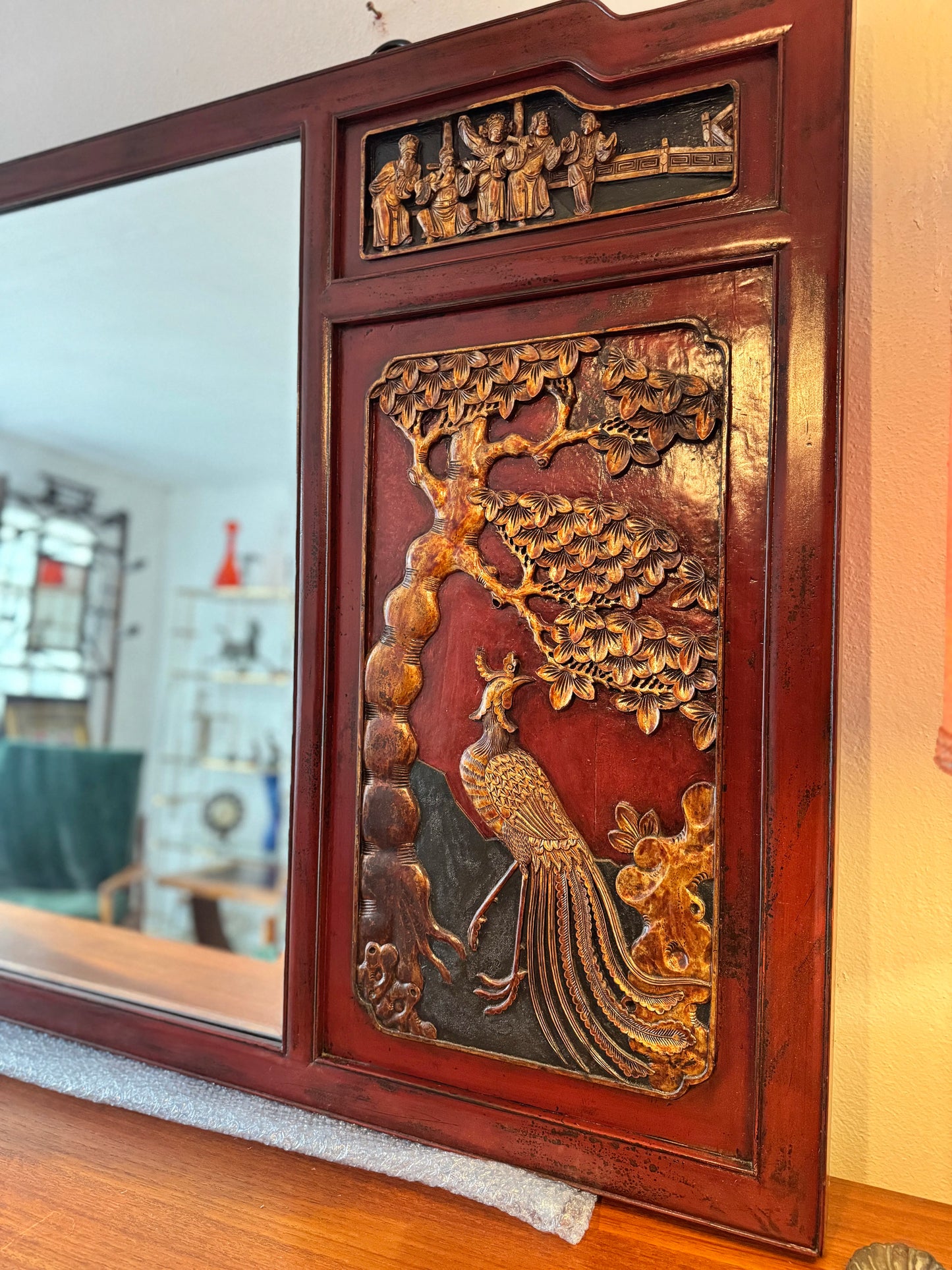 1930 chinoiserie red lacquer mirror with hand carved details