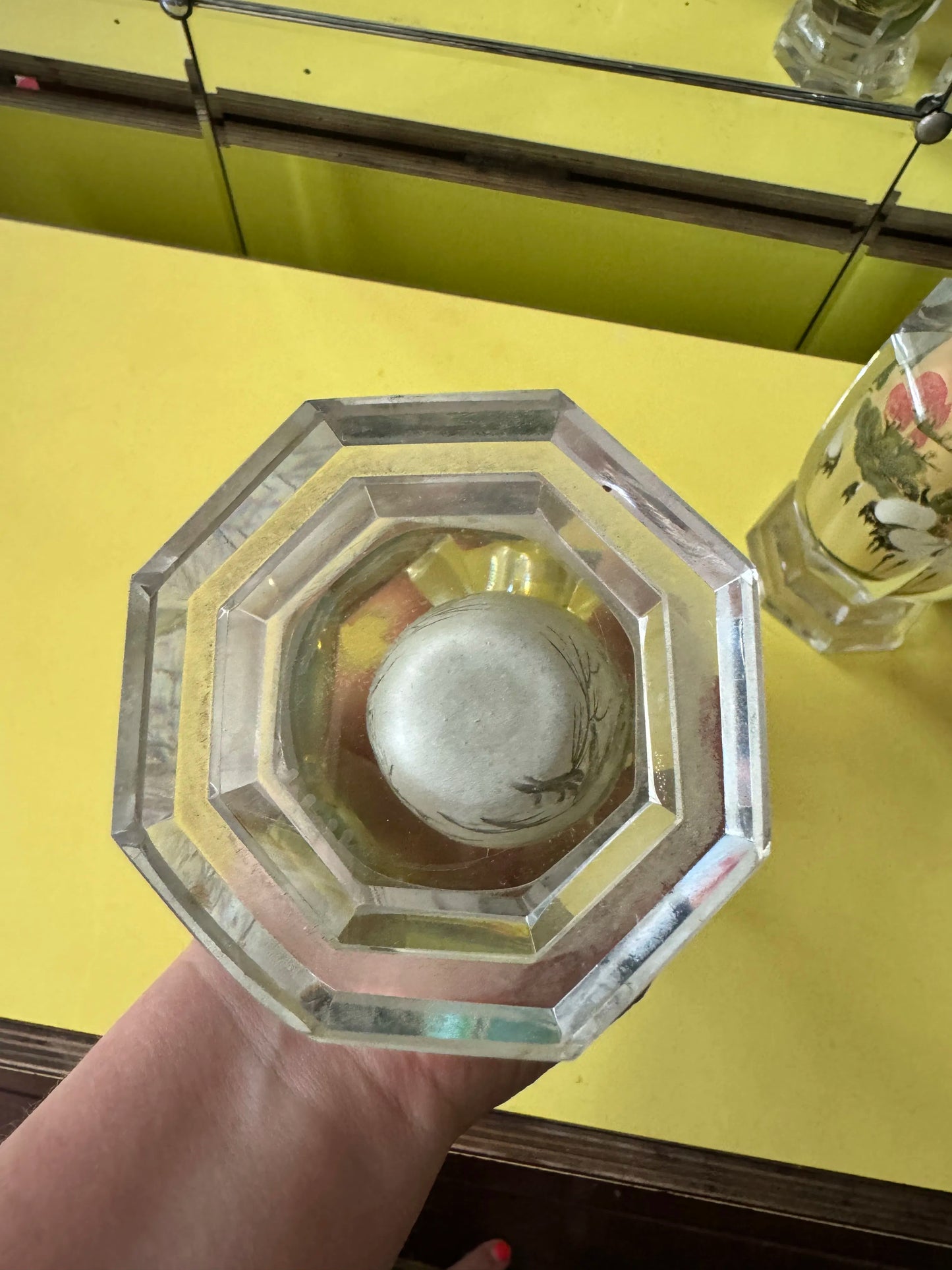 Chinoiserie reverse painted crystal Peking Glass stem vase