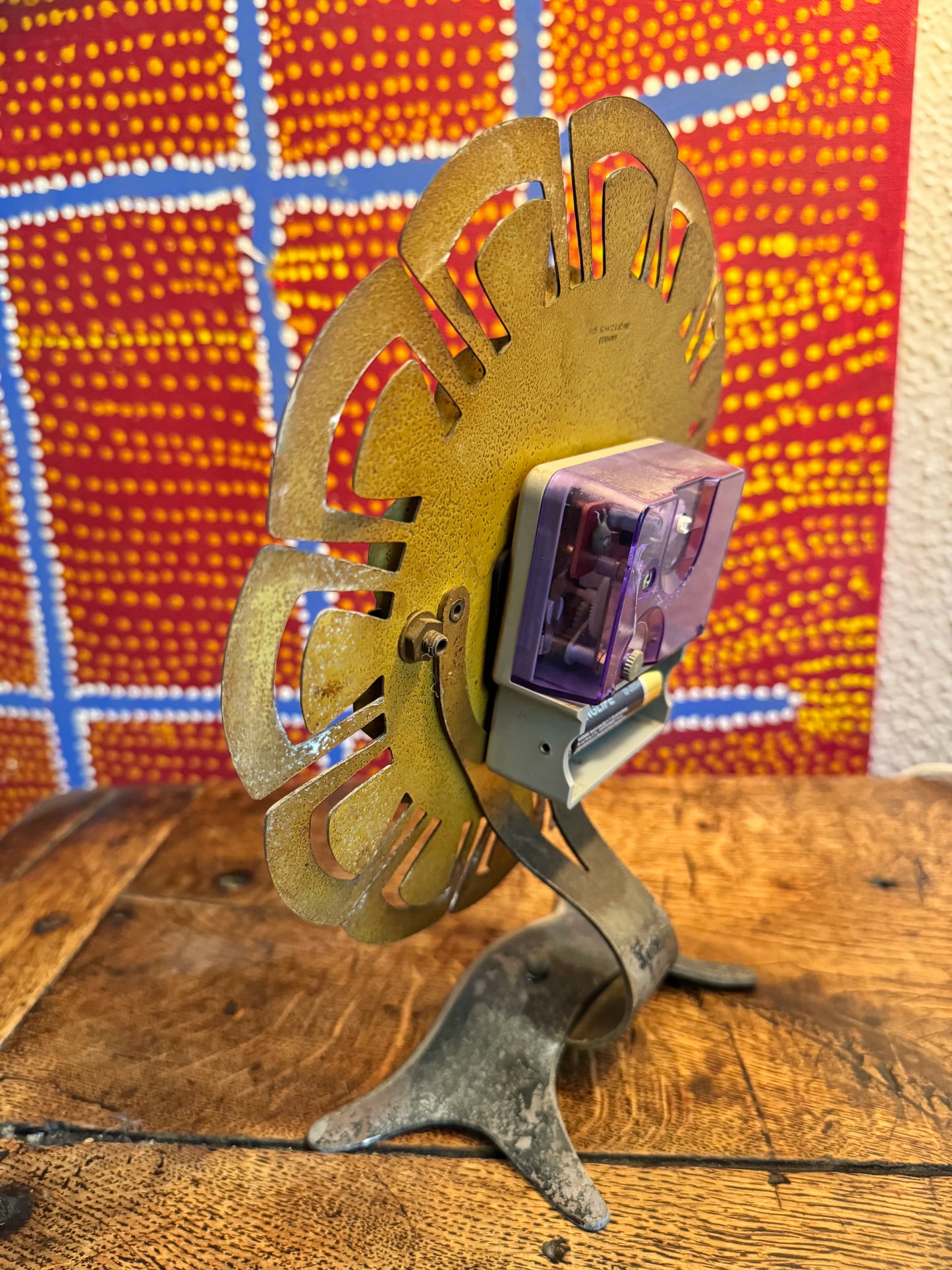 1950S BRASS SUNBURST / FLOWER MANTLE CLOCK BY SCHATZ ELEXACTA, GERMANY