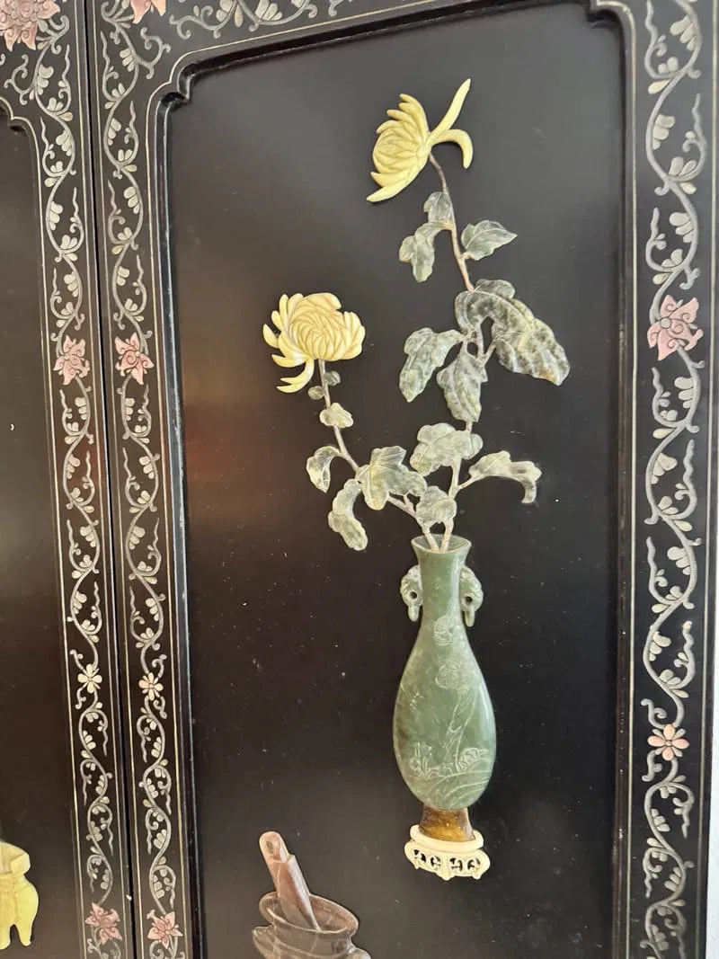 Chinese export 6 panel lacquer and semi precious stone coromandel