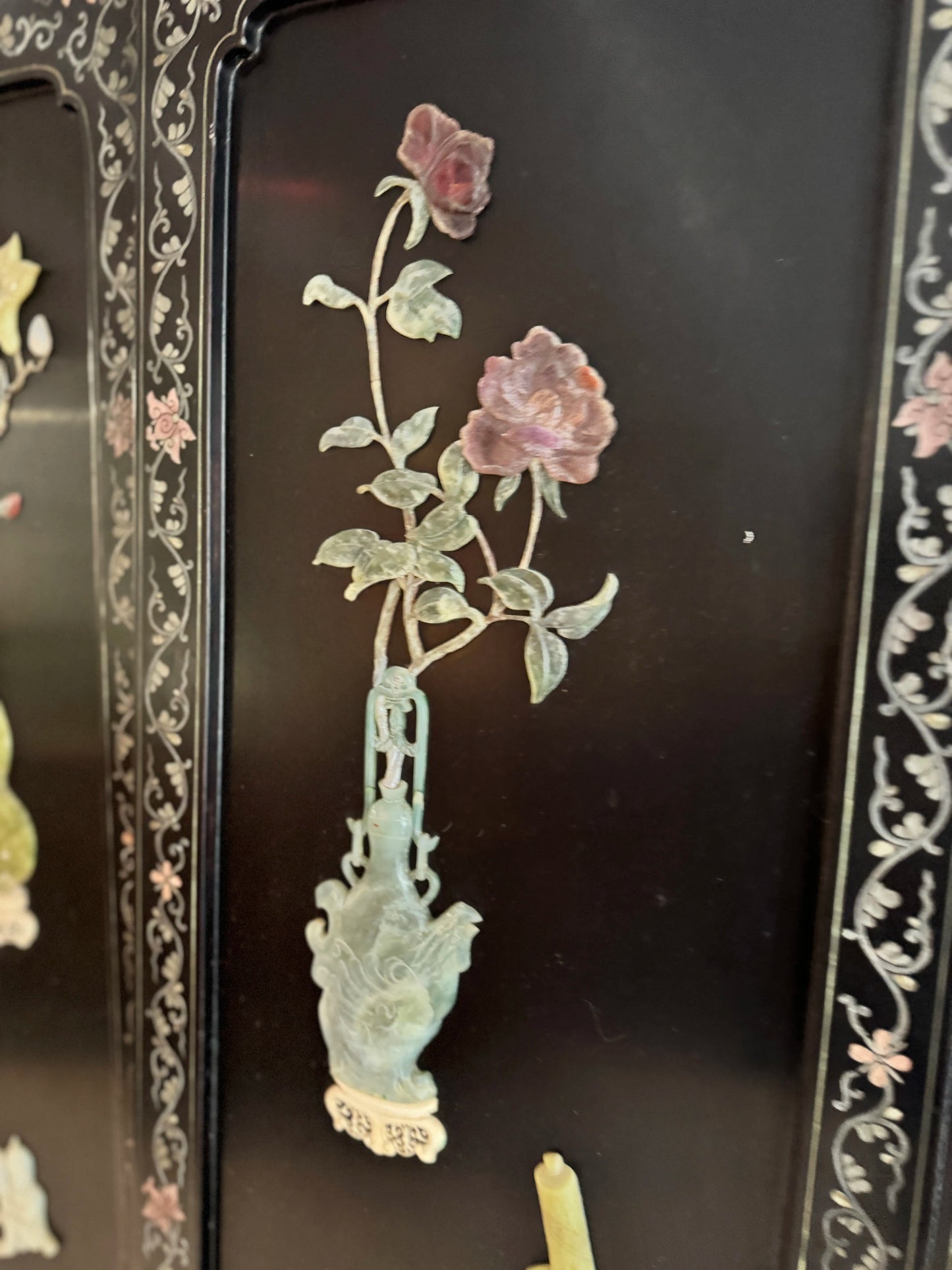 Chinese export 6 panel lacquer and semi precious stone coromandel