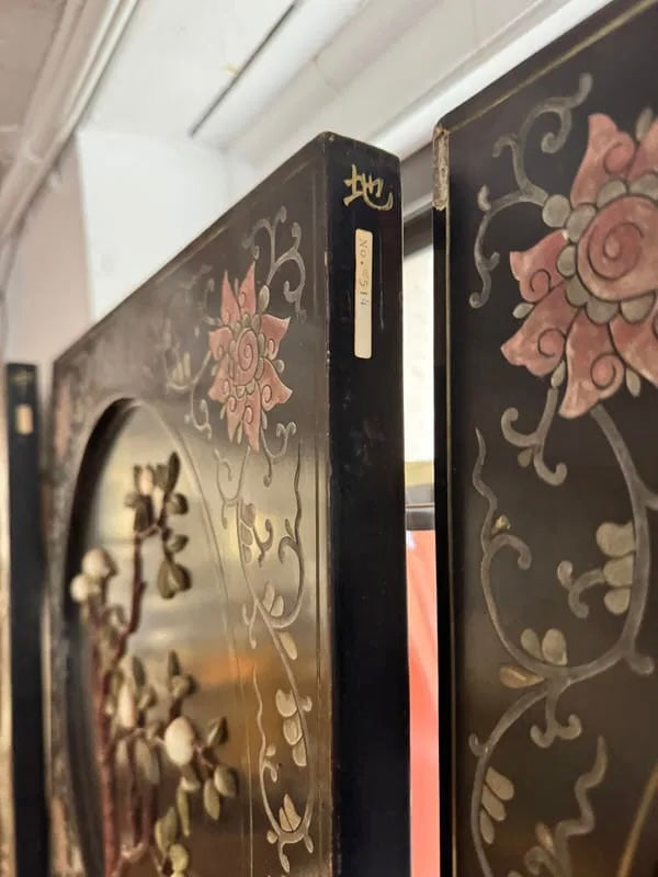 Chinese export 6 panel lacquer and semi precious stone coromandel